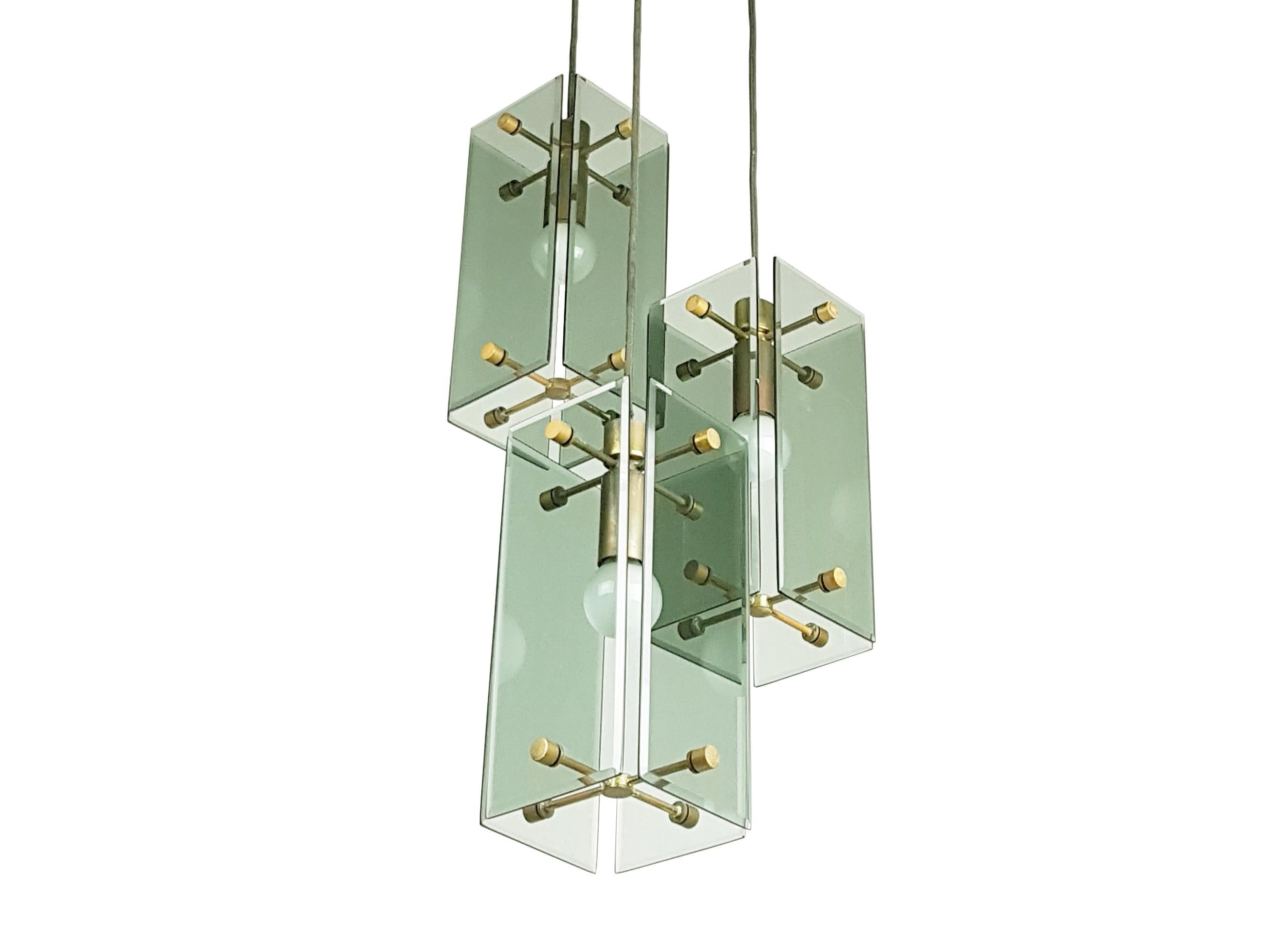 Mid-Century Modern Smoked Glass, Wood and Brass Three-Lights Pendant in the Style of Fontana Arte For Sale