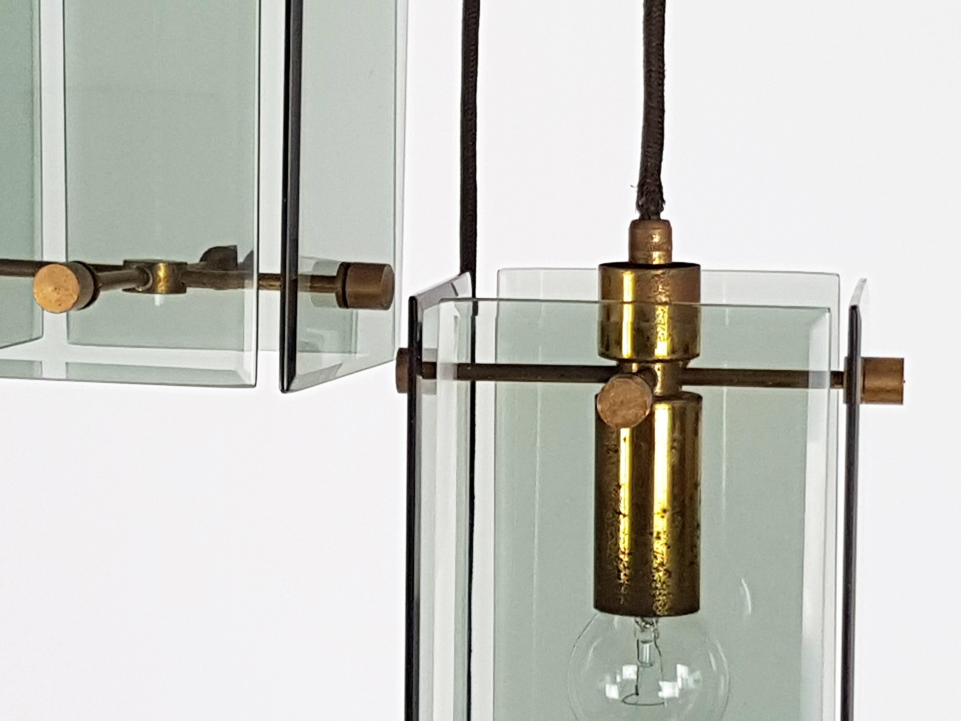 Mid-20th Century Smoked Glass, Wood and Brass Three-Lights Pendant in the Style of Fontana Arte For Sale