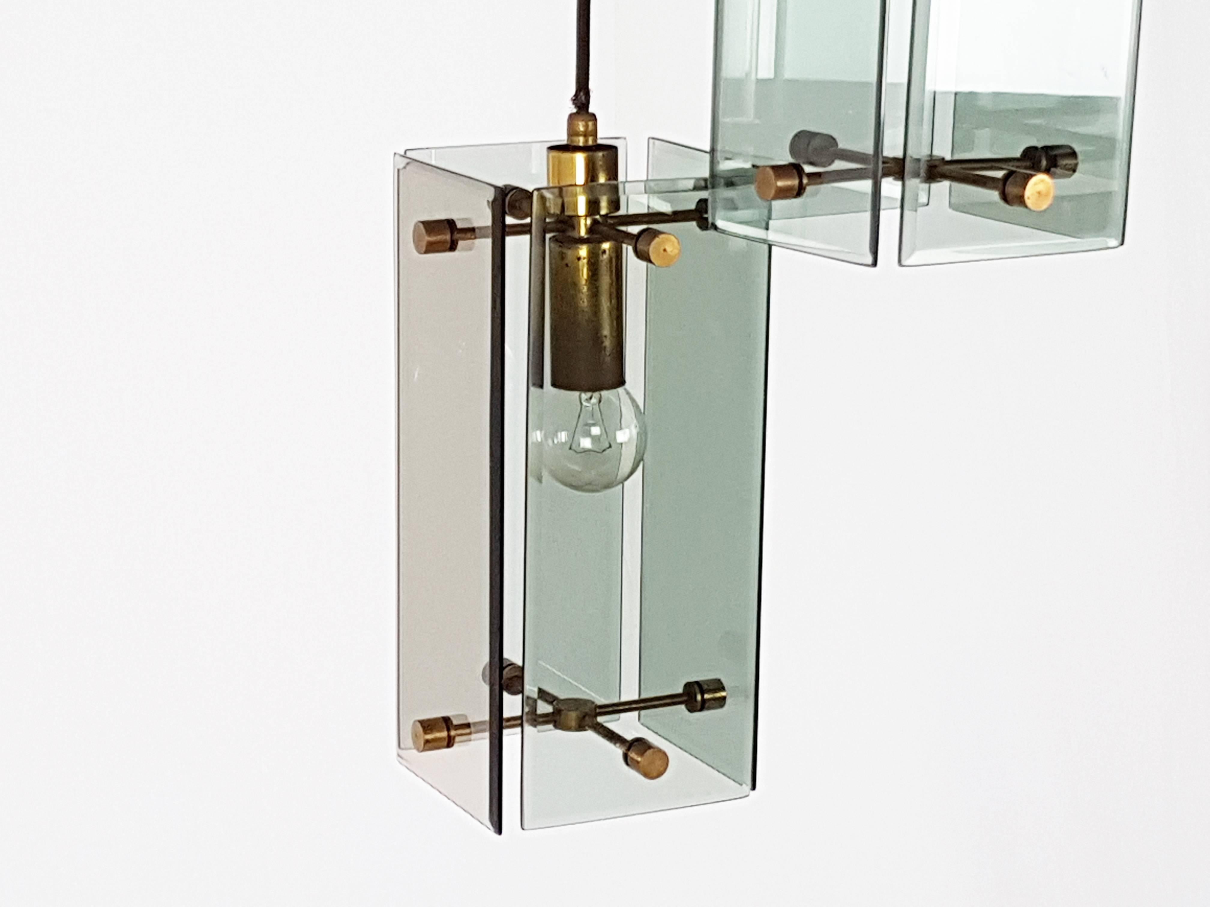 Aluminum Smoked Glass, Wood and Brass Three-Lights Pendant in the Style of Fontana Arte For Sale