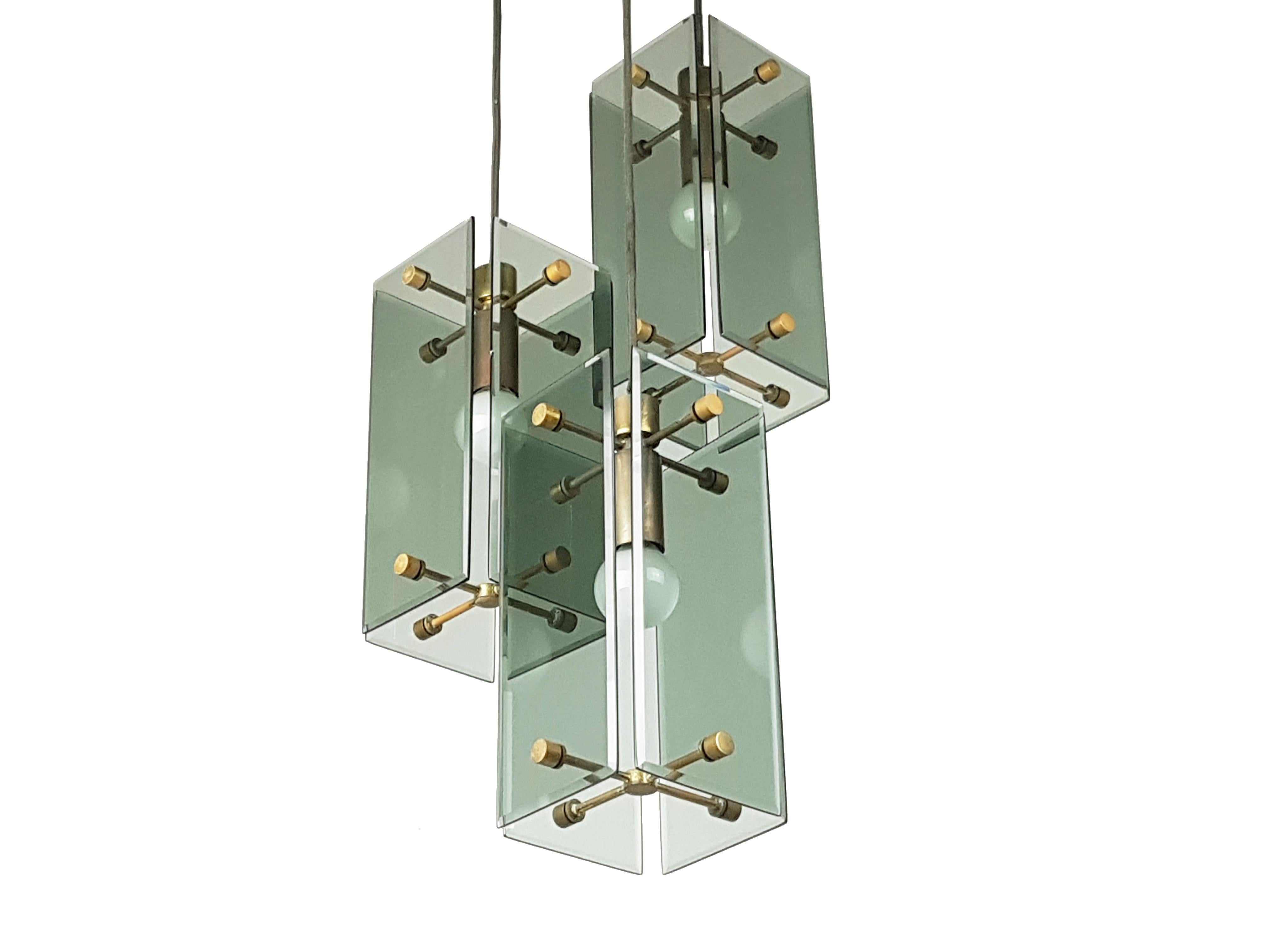 Aluminum Smoked Glass, Wood and Brass Three-Lights Pendant in the Style of Fontana Arte For Sale