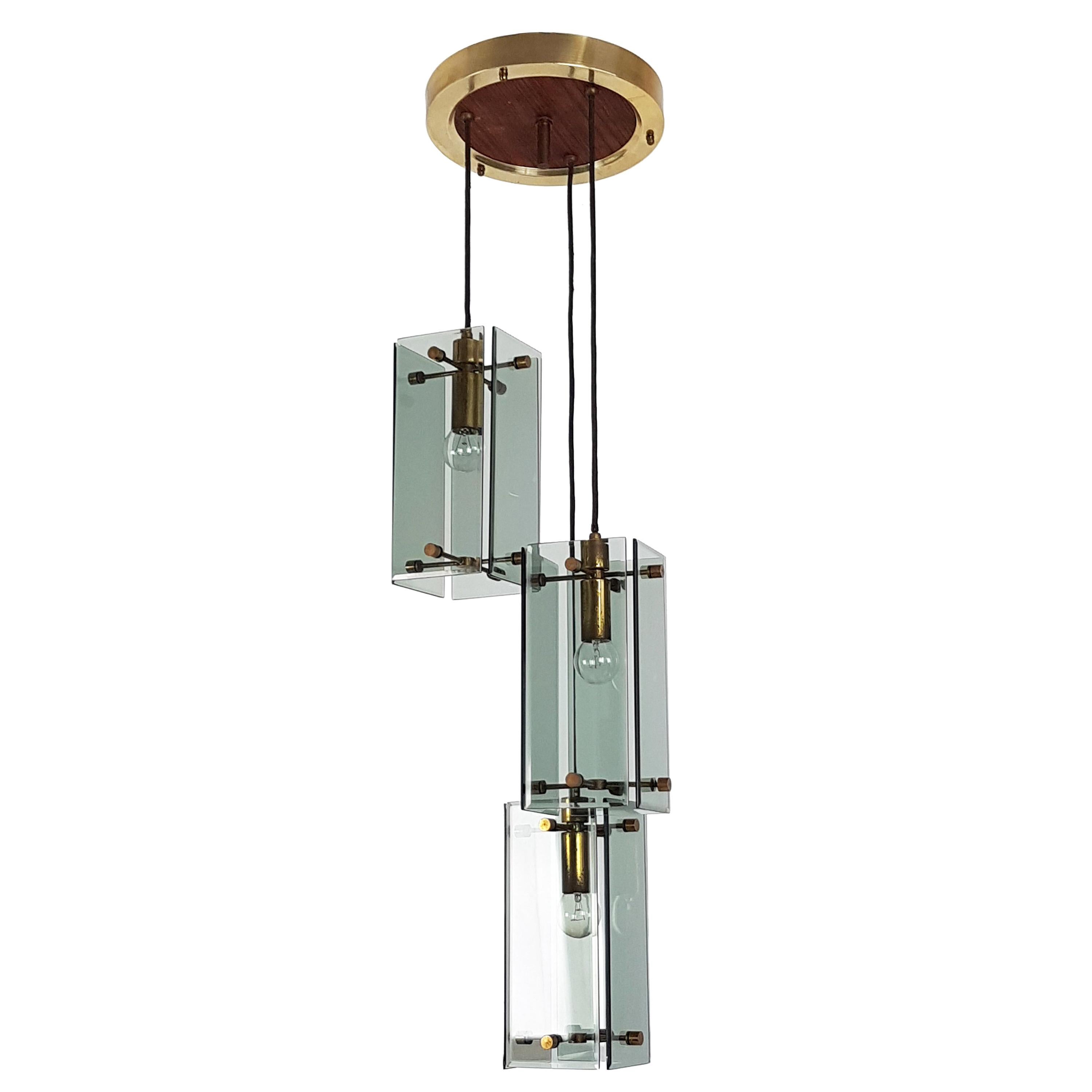 Smoked Glass, Wood and Brass Three-Lights Pendant in the Style of Fontana Arte