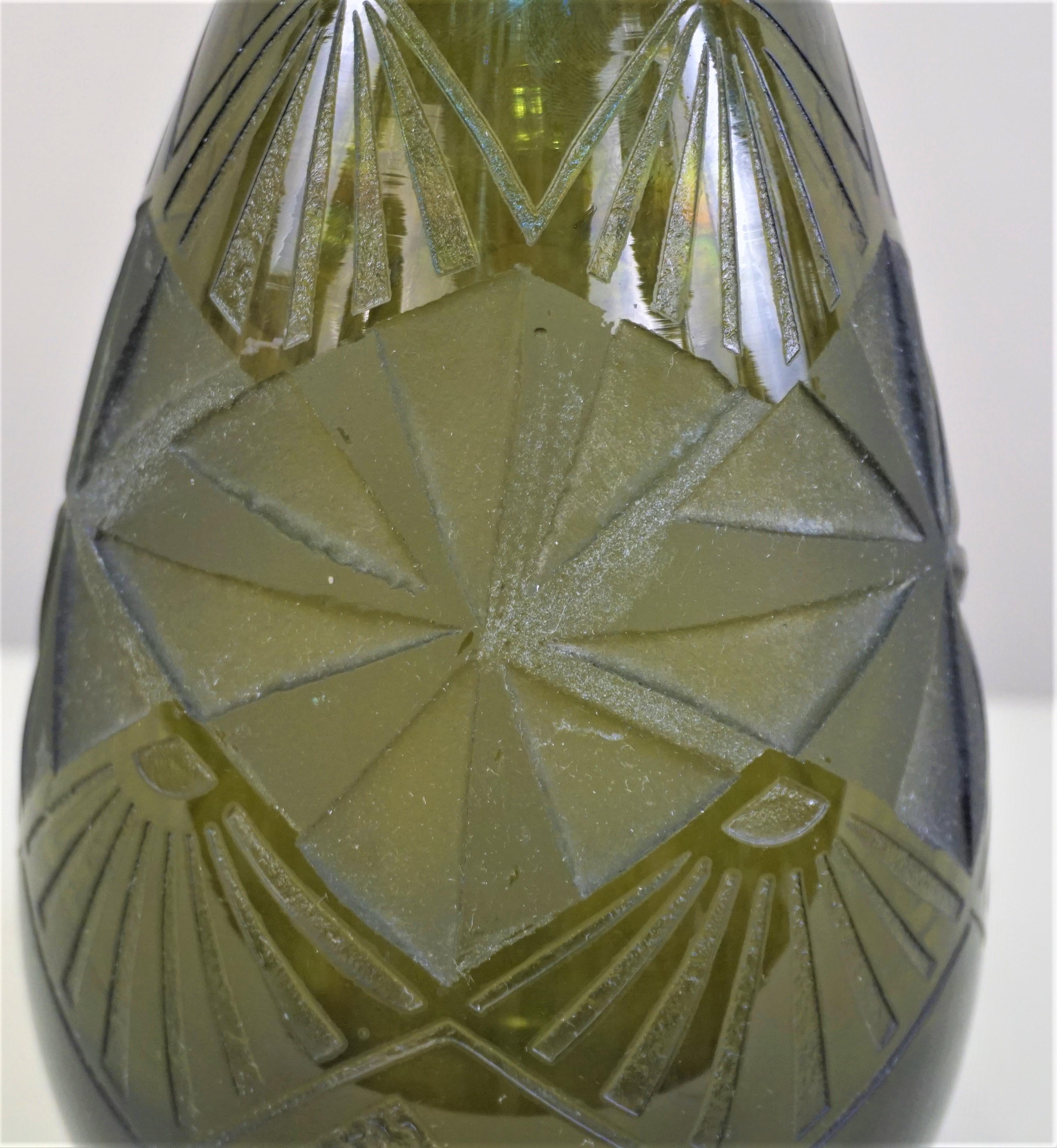 French 1930s geometric deep acid cut cameo Art Deco glass vase by one of the great names of French antique glass Legras.