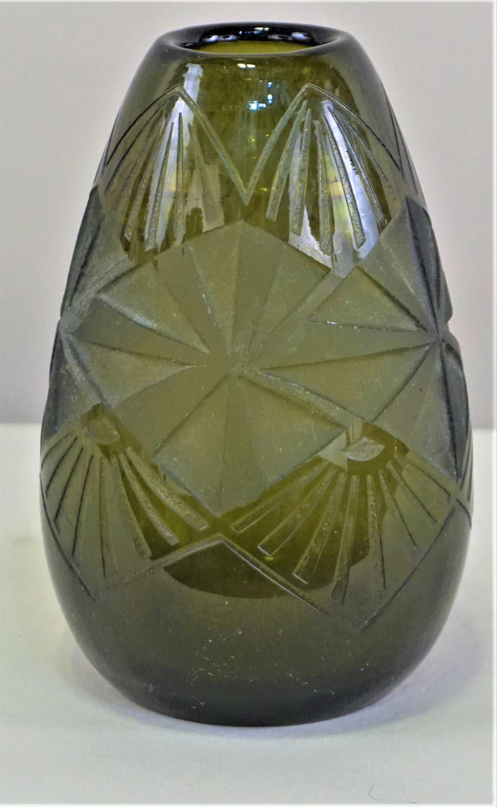 Mid-20th Century Smoked Green Art Deco Glass Vase by Legras