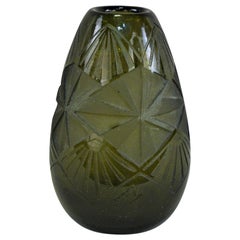 Smoked Green Art Deco Glass Vase by Legras