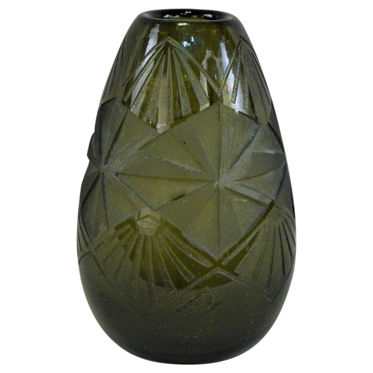Smoked Green Art Deco Glass Vase by Legras For Sale
