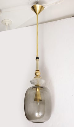 Smoked Grey Taupe Murano Glass and Brass Pendant Light, Italy, Pair Available