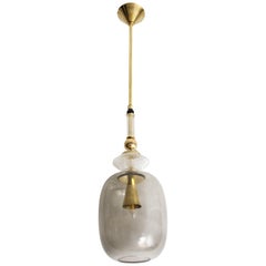 Smoked Grey Taupe Murano Glass and Brass Pendant Light, Italy, Pair Available