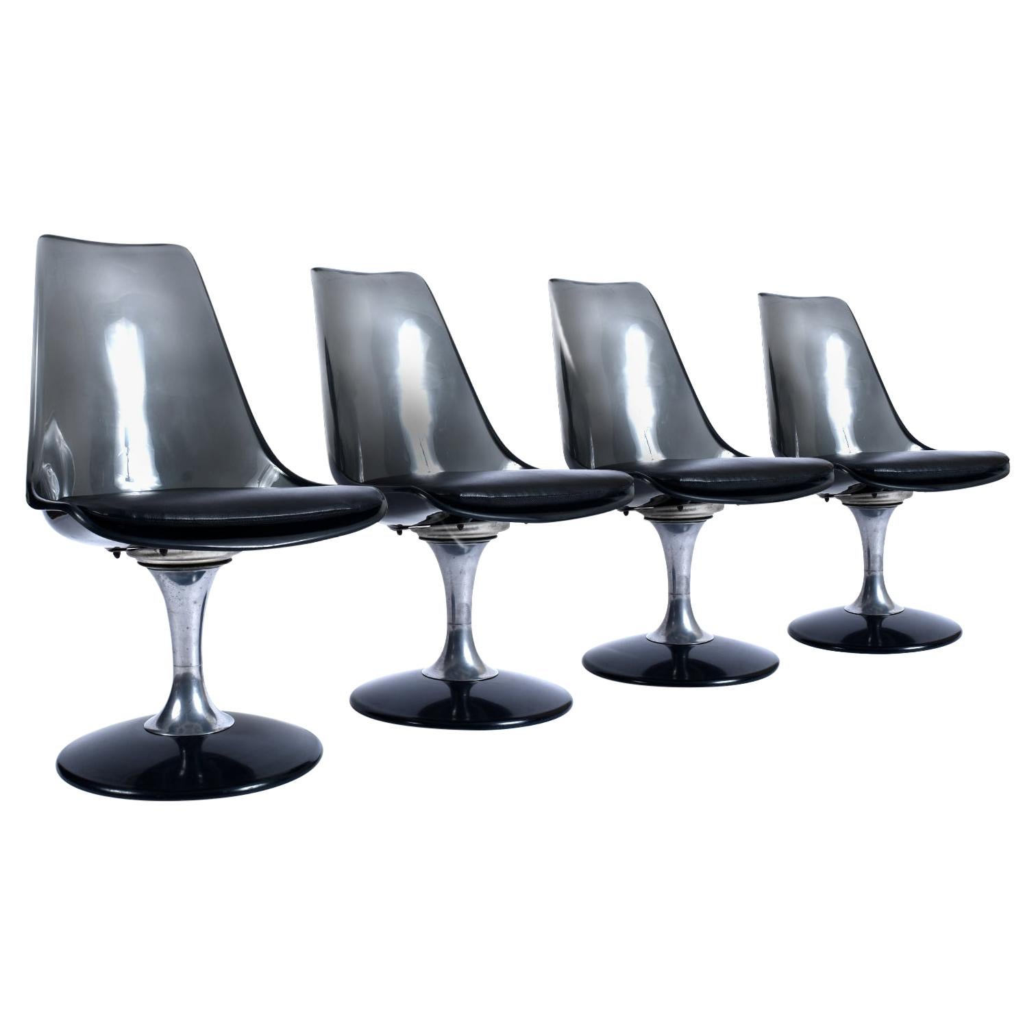 Smoked Lucite Acrylic Tulip Base Swivel Chairs by Chromcraft