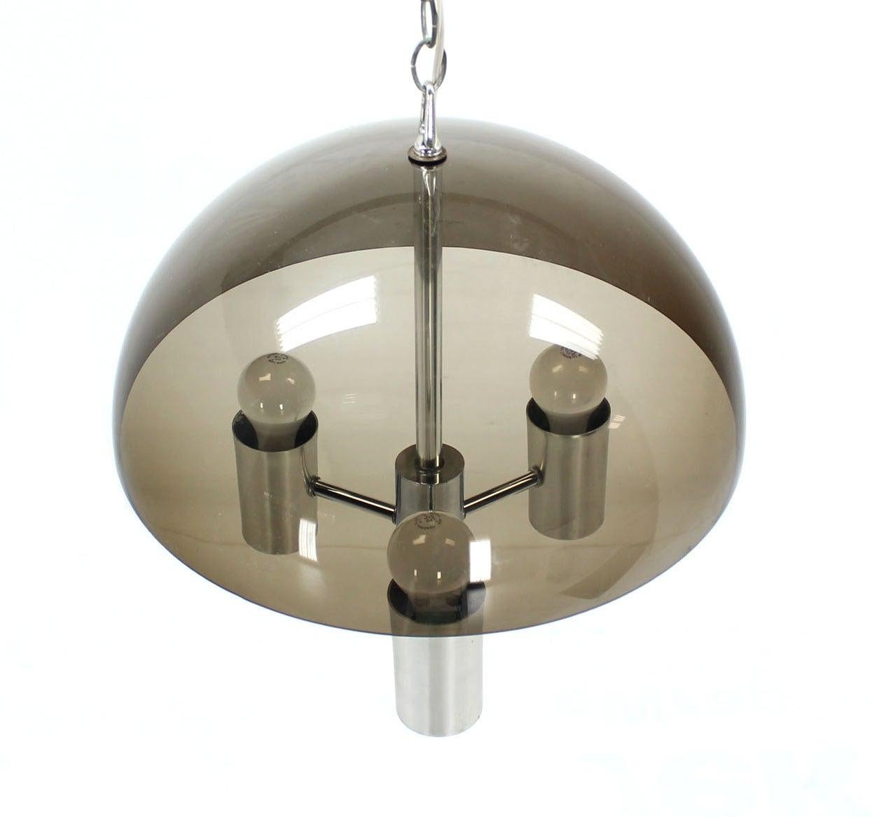 Smoked Lucite Dome Shape Shade Chrome Mid Century Modern 3 Bulb  Light Fixture MINT!