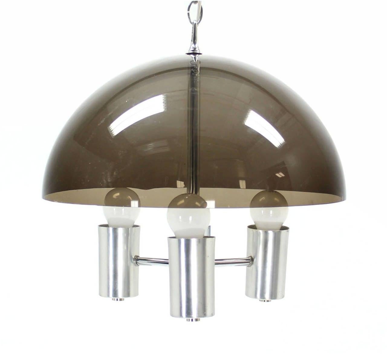 20th Century Smoked Lucite Dome Shape Shade Chrome Mid Century Modern 3 Bulb  Light Fixture For Sale