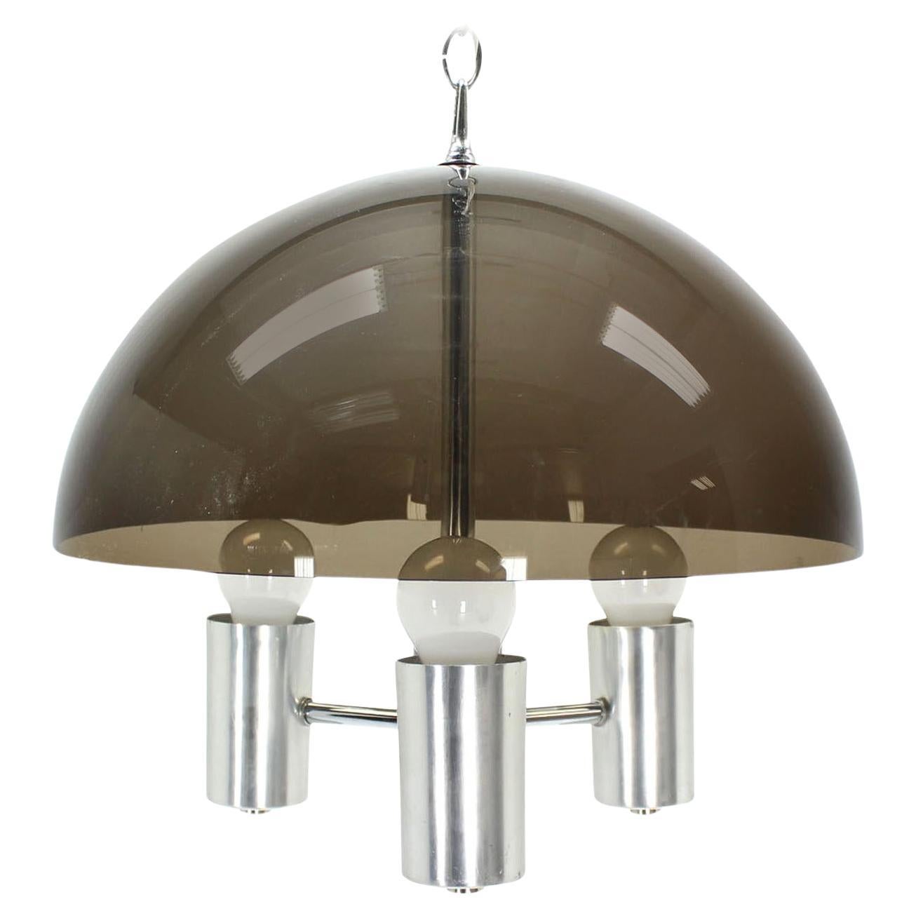 Smoked Lucite Dome Shape Shade Chrome Mid Century Modern 3 Bulb  Light Fixture