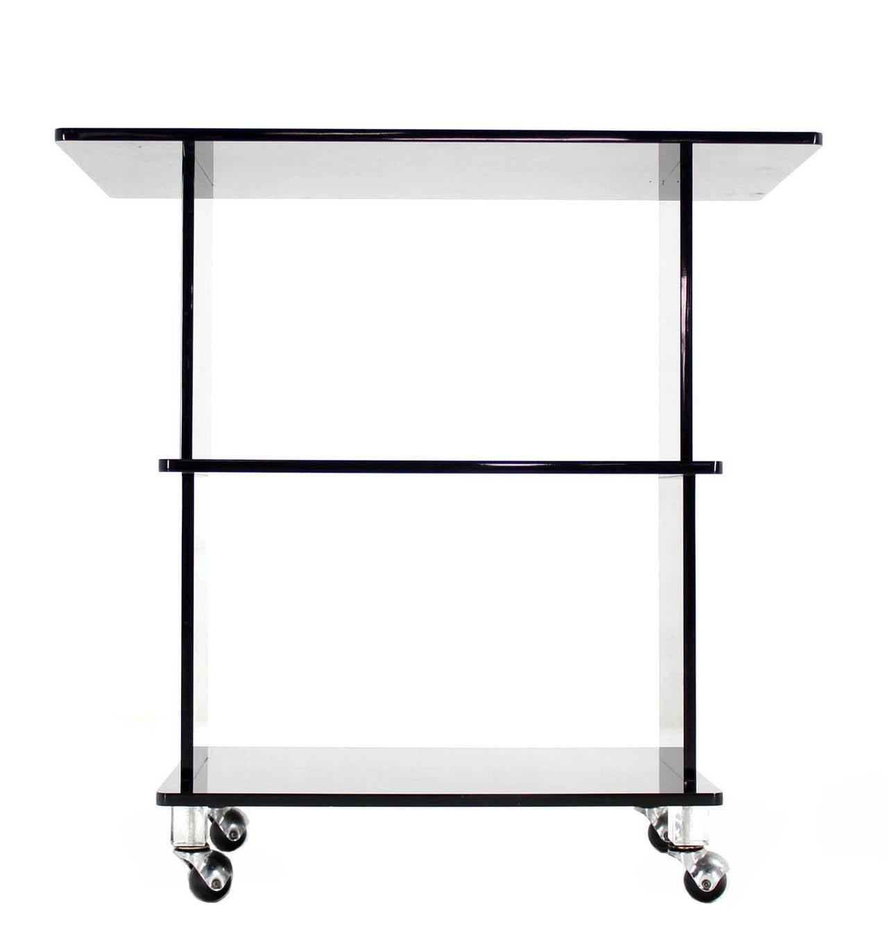American Smoked Lucite Rolling 3 Level Tier Cart Serving Side End  Table Stand on Wheels  For Sale