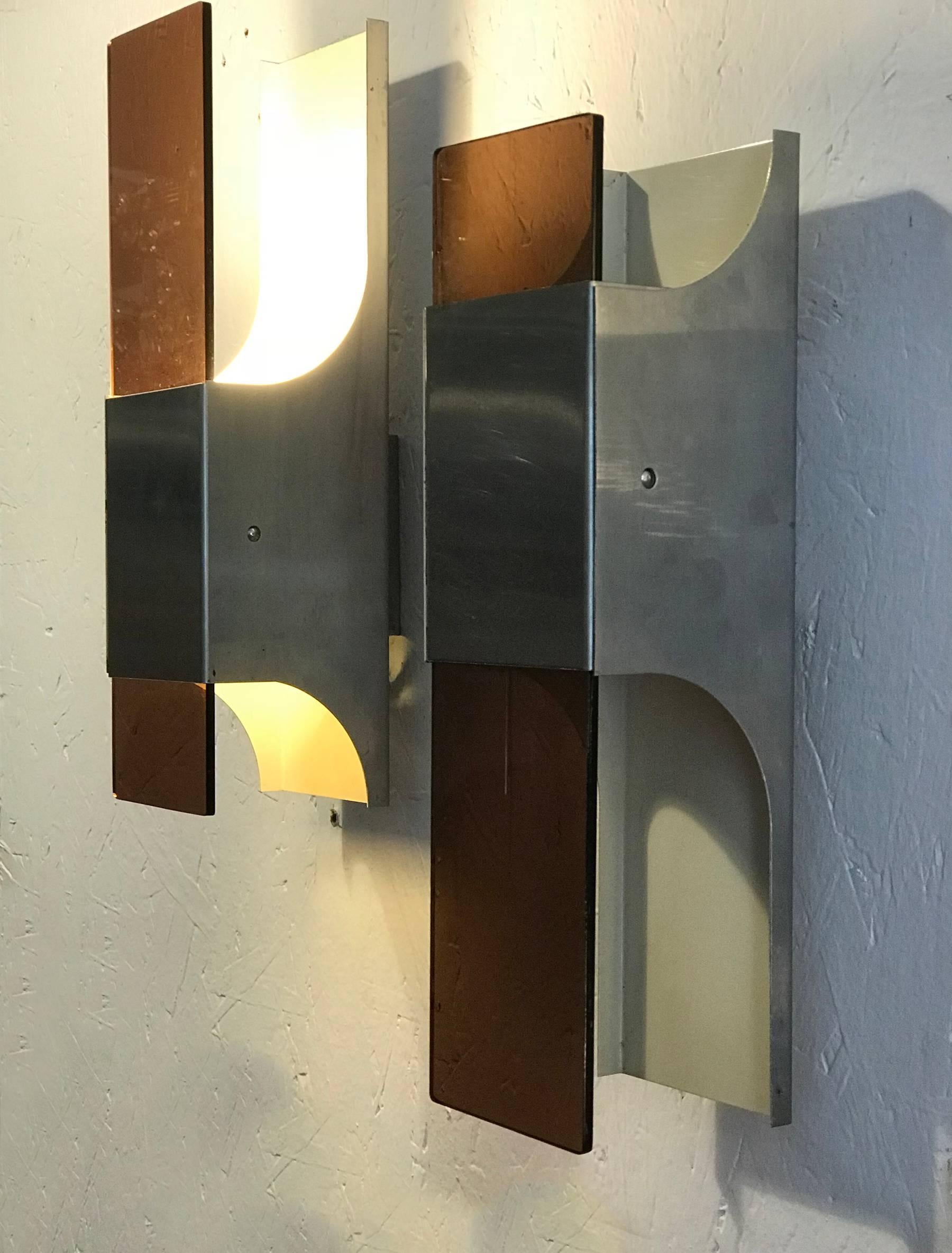 European Smoked Methacrylate and Stainless Steel Sconces, 1970s, Set of Two