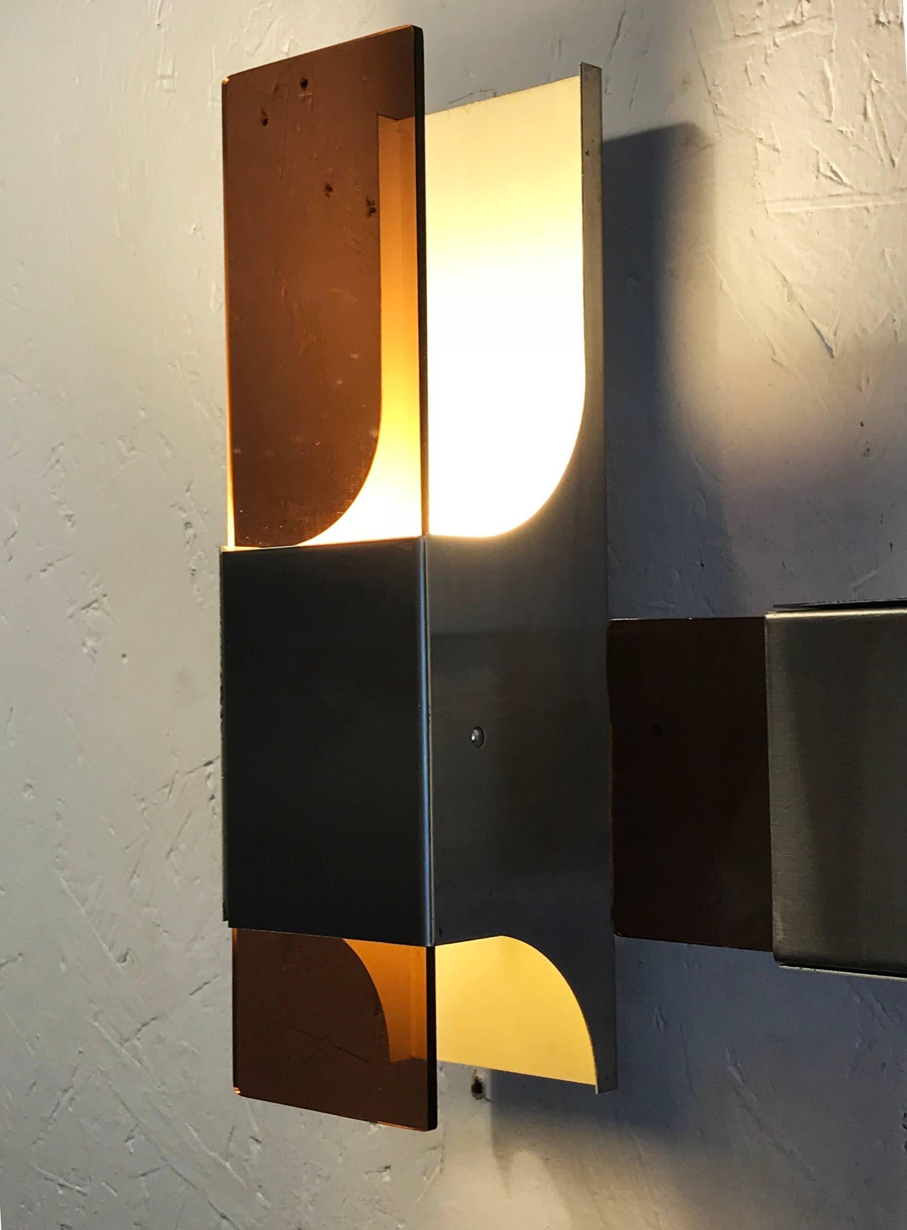 Smoked Methacrylate and Stainless Steel Sconces, 1970s, Set of Two In Good Condition In Bilbao, ES