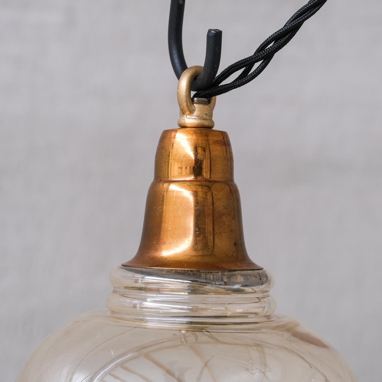 French Smoked Mid-century Brass and Glass Bell Pendant (5 available) For Sale