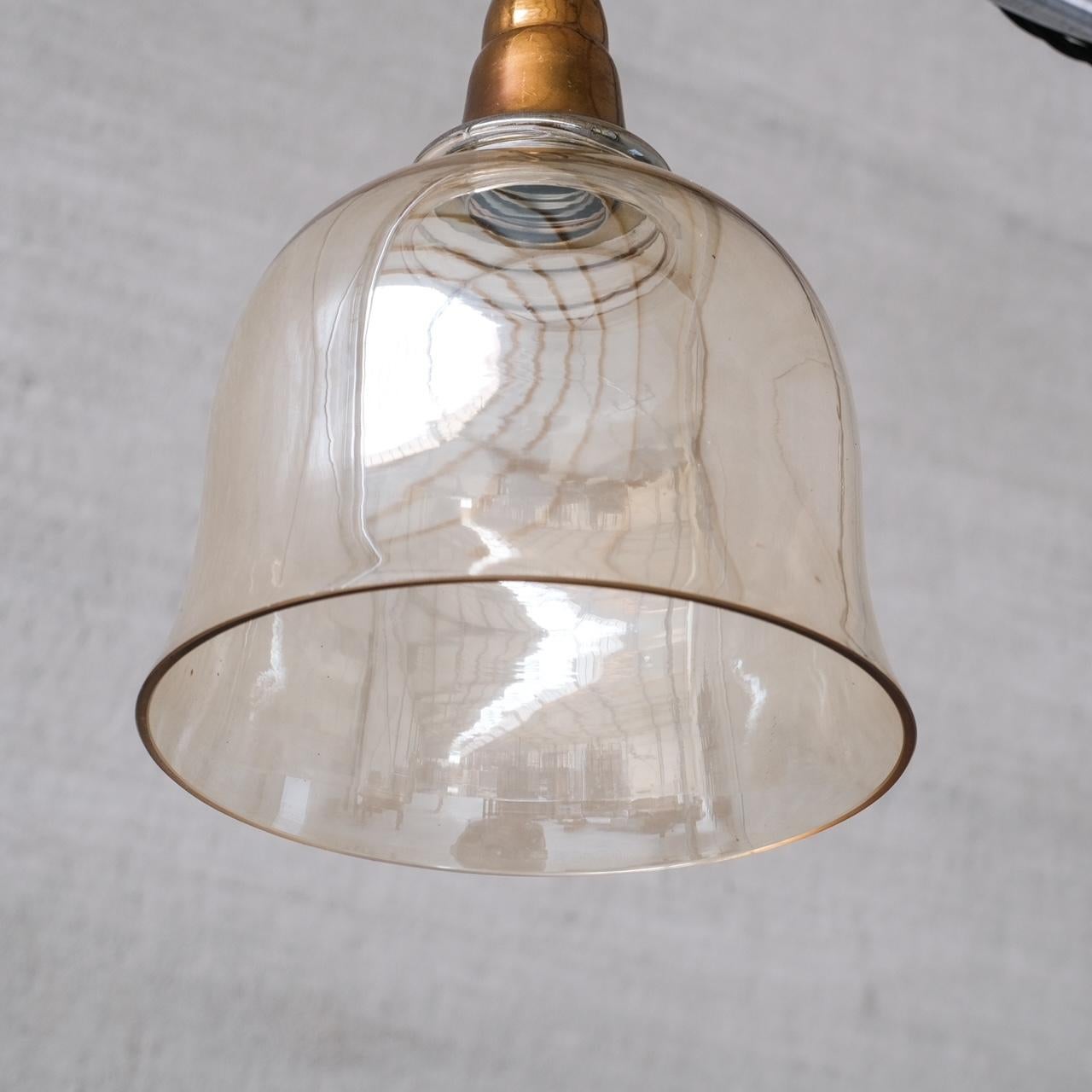 Mid-20th Century Smoked Mid-century Brass and Glass Bell Pendant (5 available) For Sale