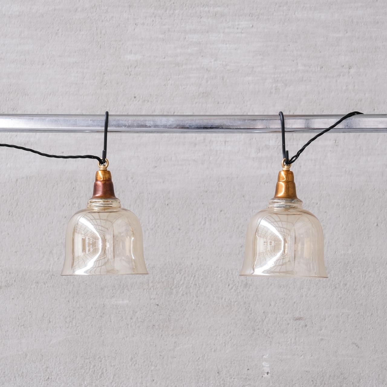 Smoked Mid-century Brass and Glass Bell Pendant (5 available) For Sale 1
