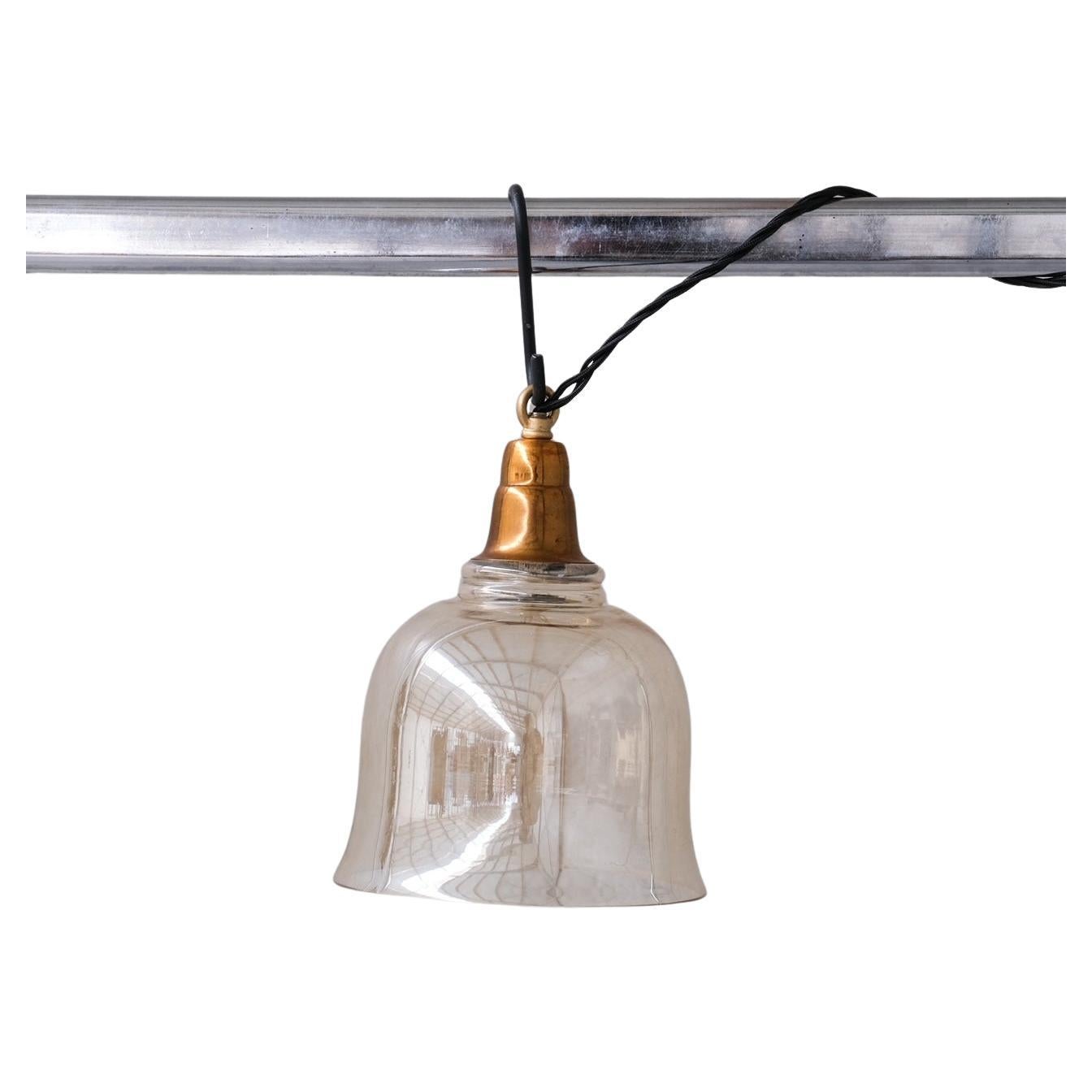Smoked Mid-century Brass and Glass Bell Pendant (5 available) For Sale