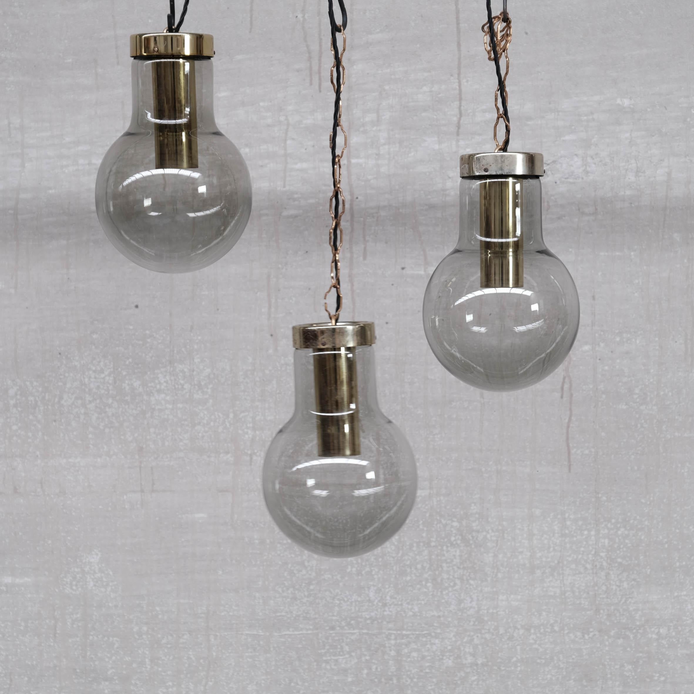 Smoked Midcentury Glass and Brass Pendant Lights by RAAK, '6 Available' For Sale 4