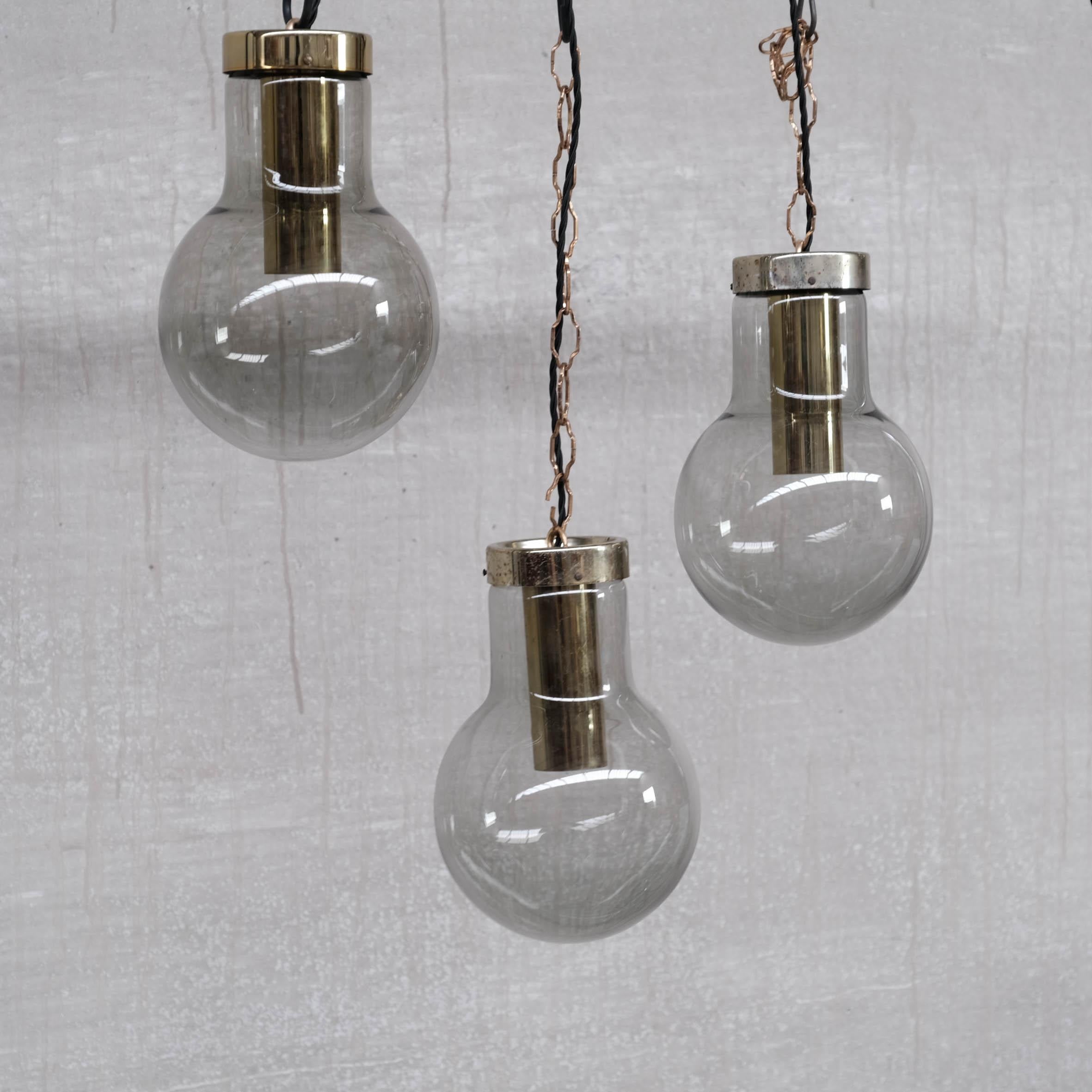 Smoked Midcentury Glass and Brass Pendant Lights by RAAK, '6 Available' For Sale 5