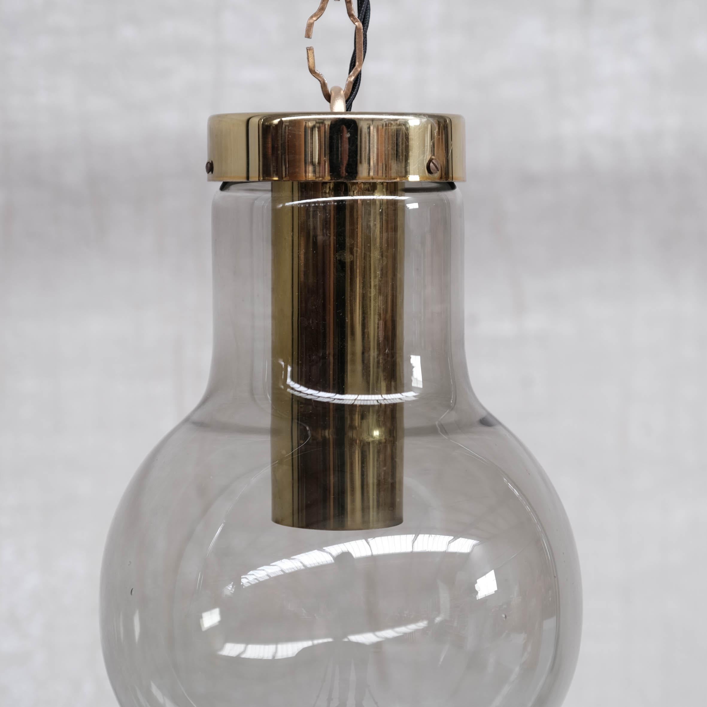 Mid-Century Modern Smoked Midcentury Glass and Brass Pendant Lights by RAAK, '6 Available' For Sale
