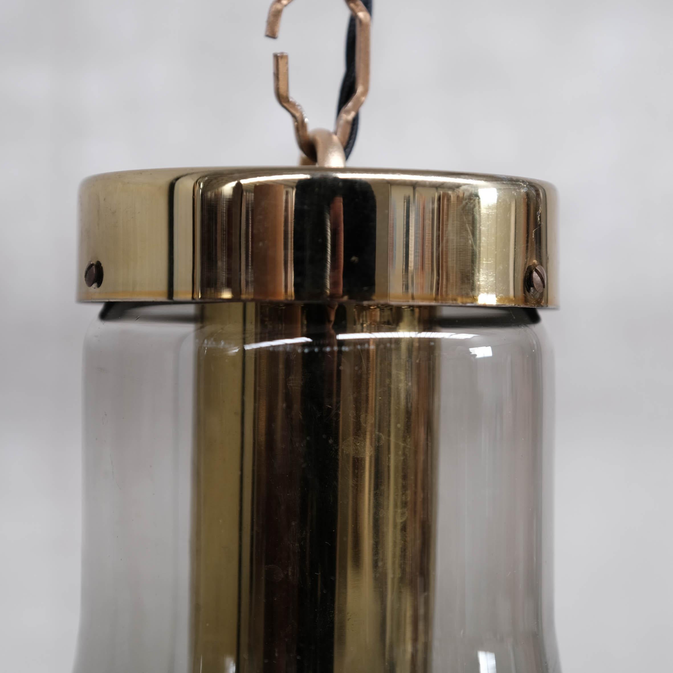 Dutch Smoked Midcentury Glass and Brass Pendant Lights by RAAK, '6 Available' For Sale