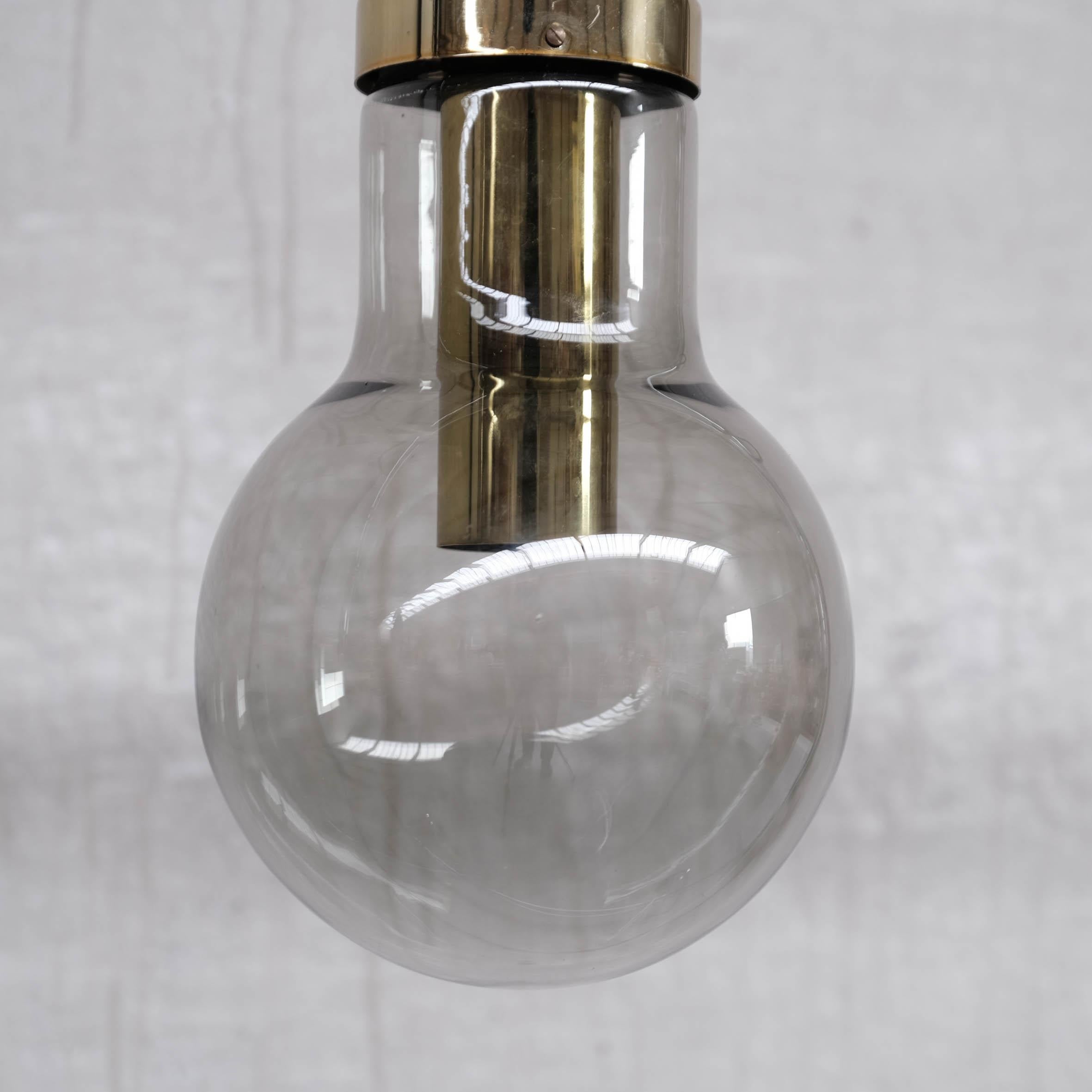 Late 20th Century Smoked Midcentury Glass and Brass Pendant Lights by RAAK, '6 Available' For Sale
