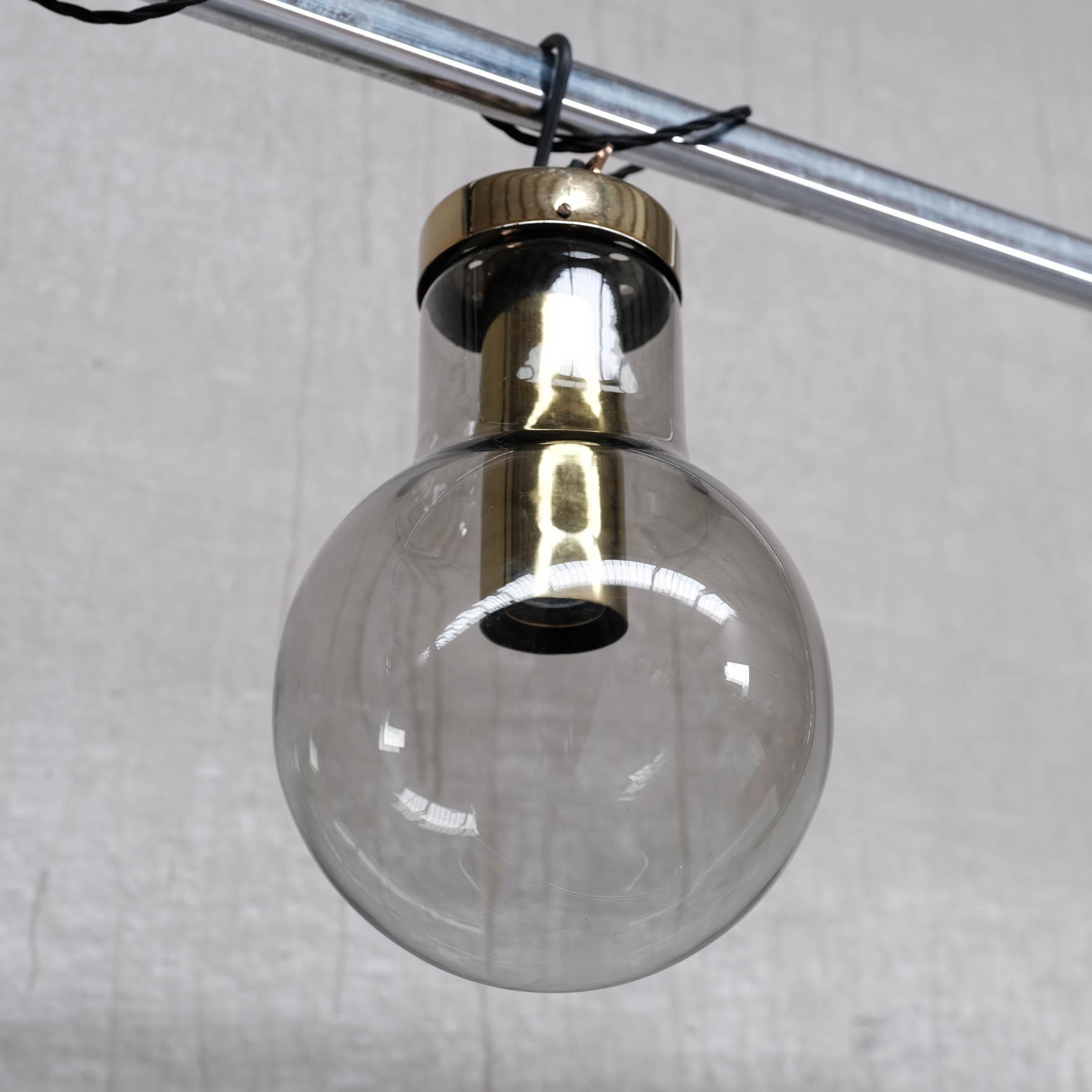 Smoked Midcentury Glass and Brass Pendant Lights by RAAK, '6 Available' For Sale 3