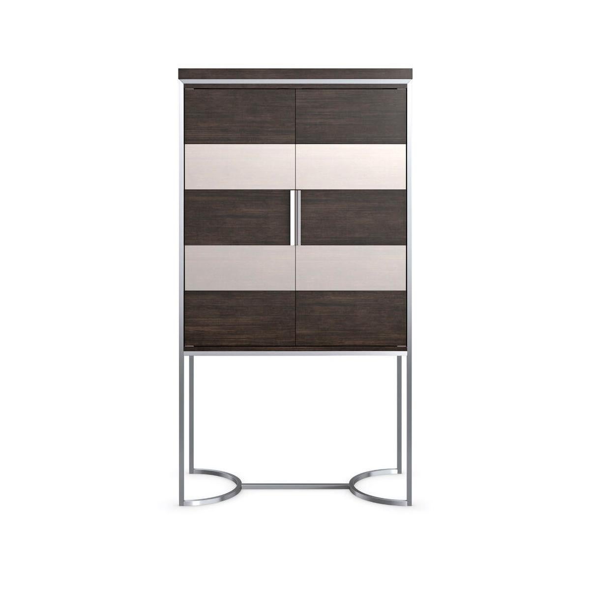 Smoked Modern bar cabinet, this architectural bar cabinet fuses form and function in an intriguing mix of materials and finishes. Its linear design adds height to a room, with a lavish amount of space for entertaining essentials. Features a mirrored