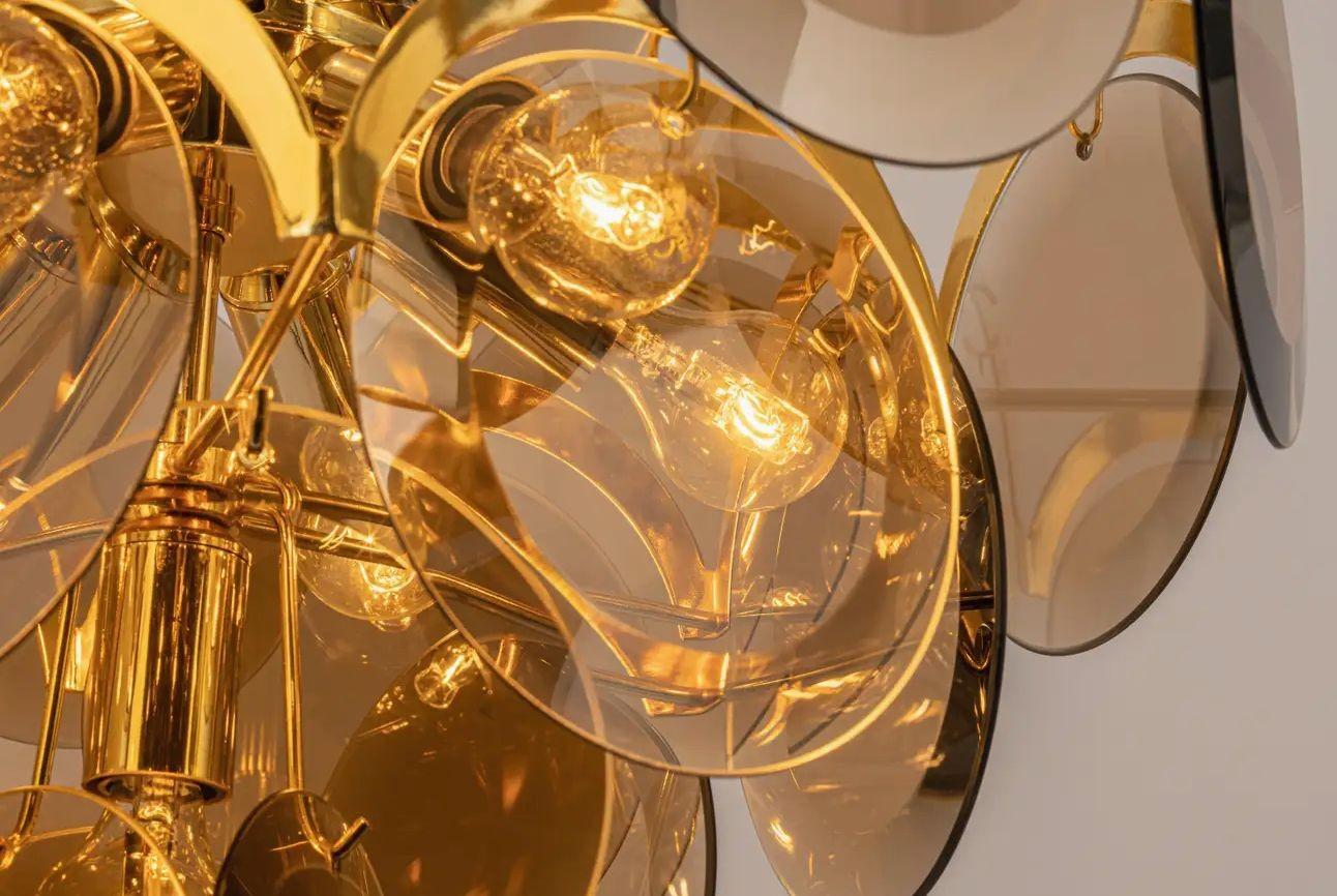 Brass Smoked Murano Glass Discs Mid-Century Modern Chandelier, Vistosi