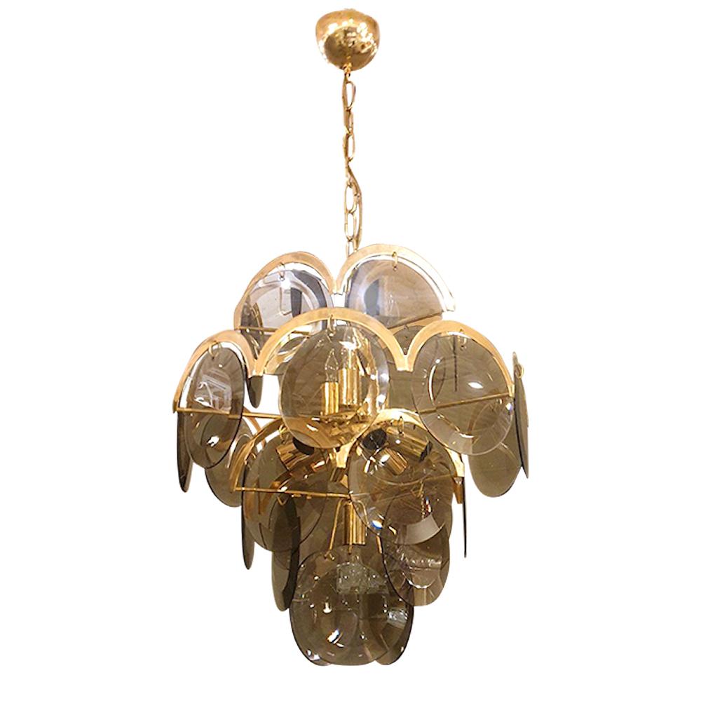 Smoked Murano Glass Discs Mid-Century Modern Chandelier, Vistosi