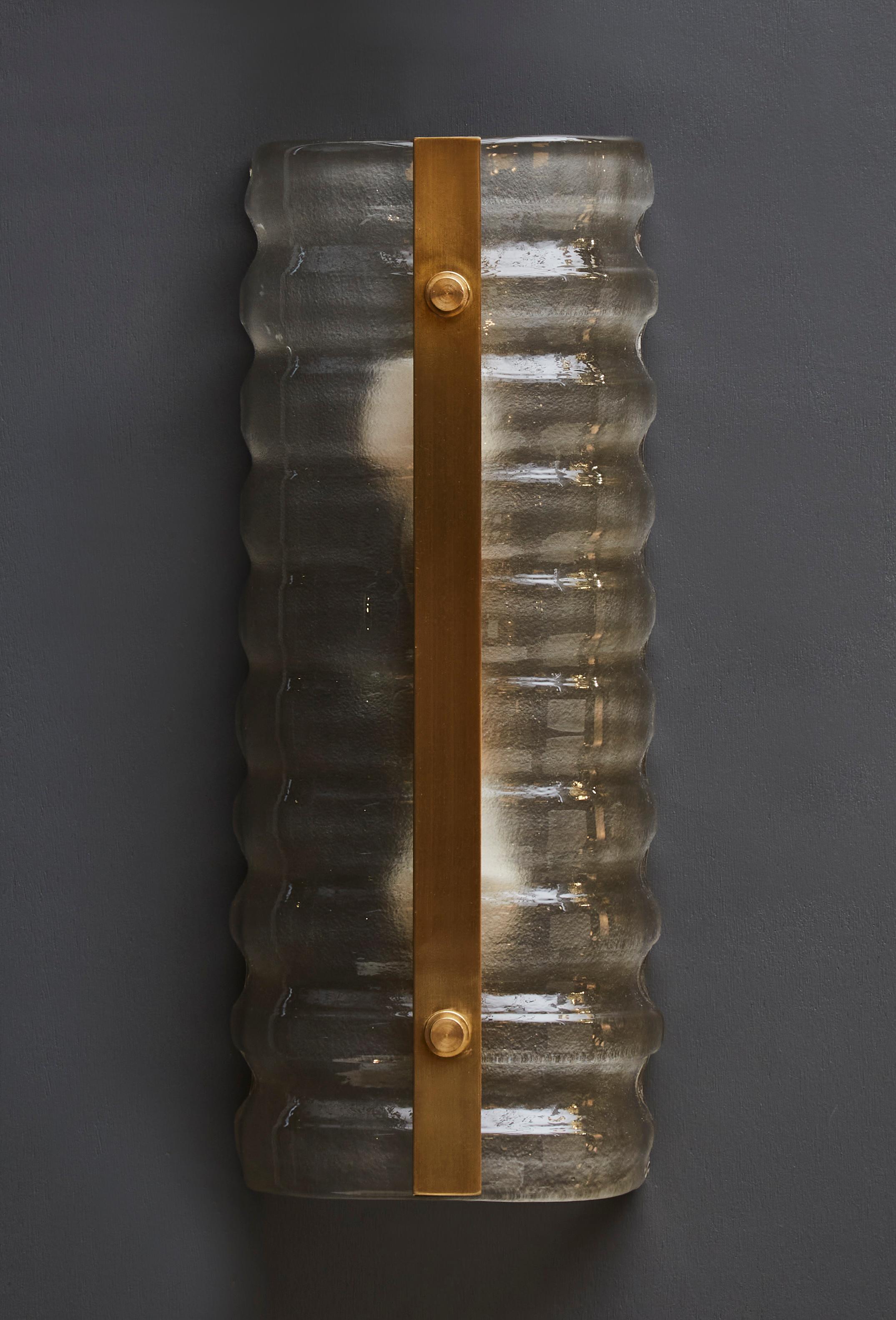 Mid-Century Modern Smoked Murano Glass Wall Sconces with Central Brass Plate For Sale