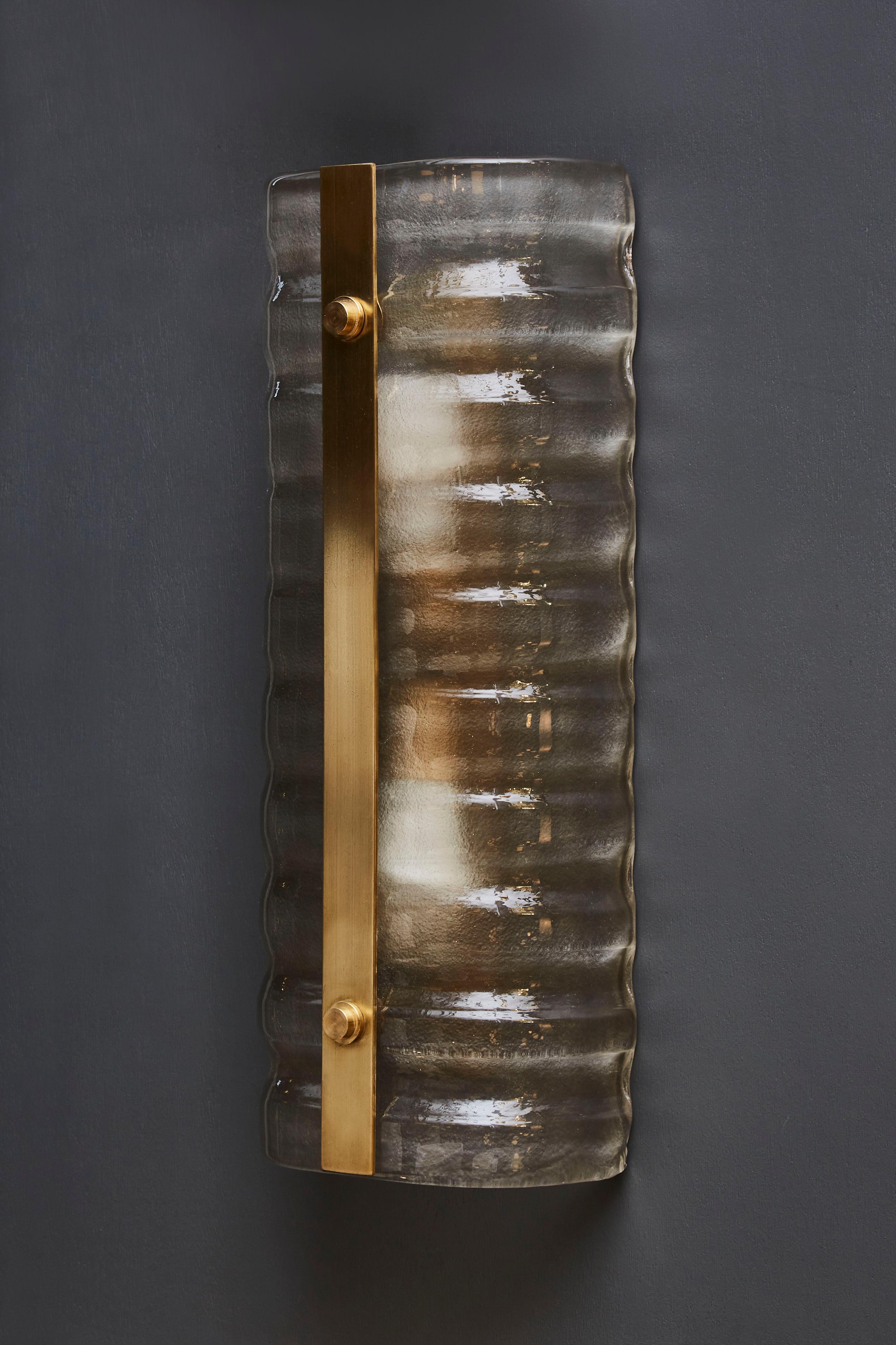 Italian Smoked Murano Glass Wall Sconces with Central Brass Plate For Sale