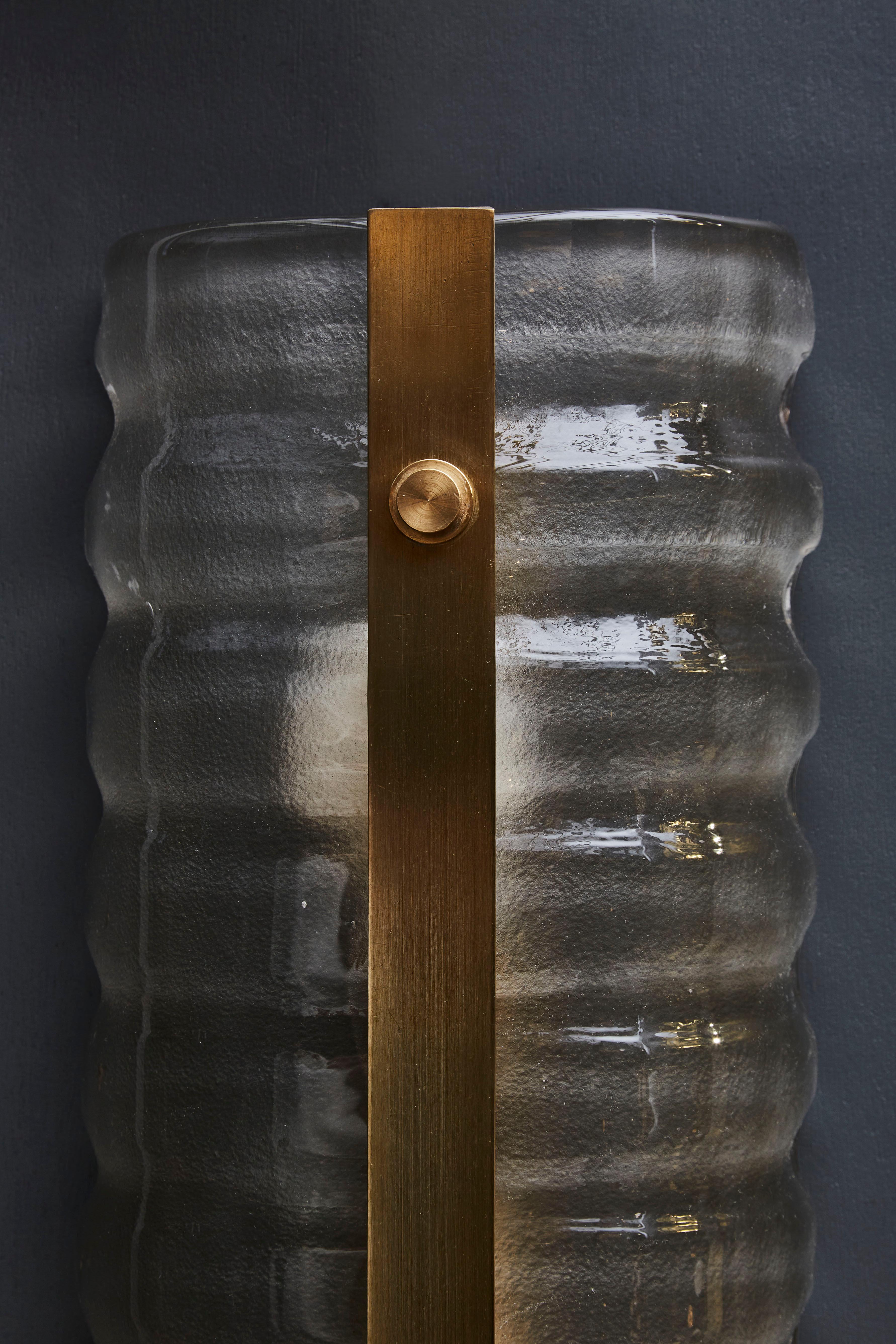 Contemporary Smoked Murano Glass Wall Sconces with Central Brass Plate For Sale