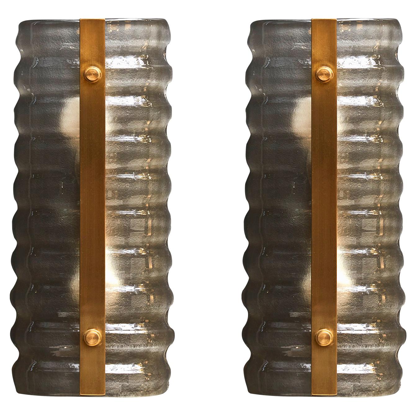 Smoked Murano Glass Wall Sconces with Central Brass Plate For Sale