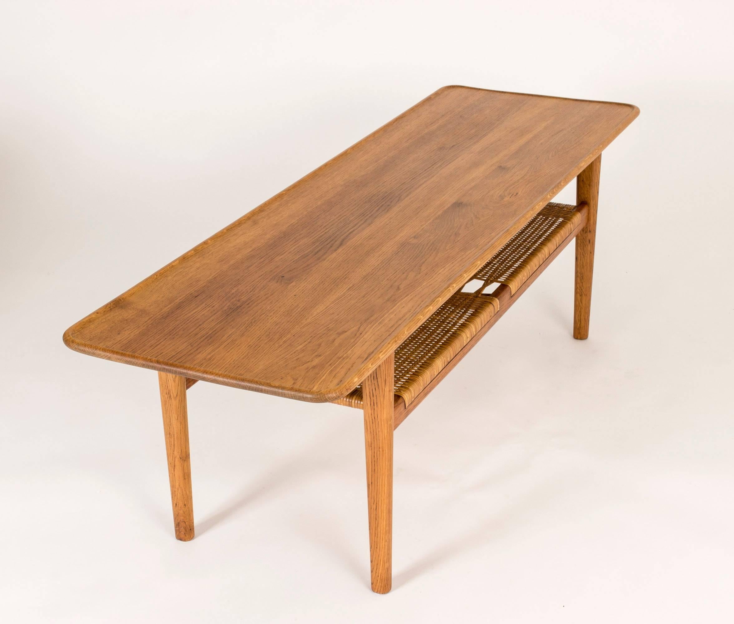 Scandinavian Modern Smoked Oak and Rattan Coffee Table by Hans J. Wegner