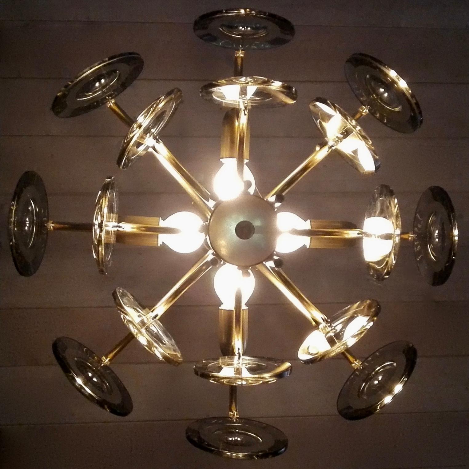 Vistosi Style 1970s Four-Light Gilded Chandelier. Smoked Optical Glass Discs. 2