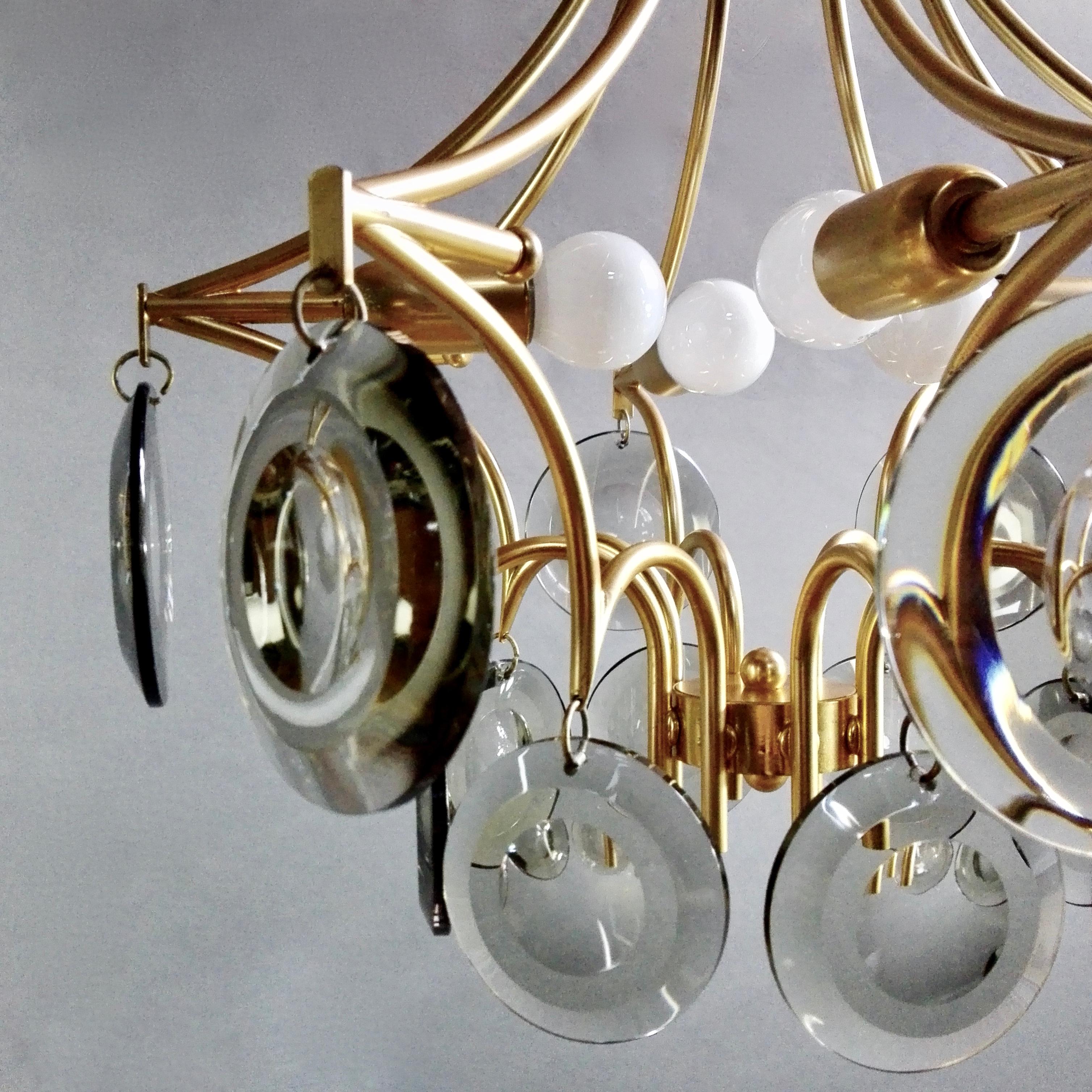 Vistosi Style 1970s Four-Light Gilded Chandelier. Smoked Optical Glass Discs. 3