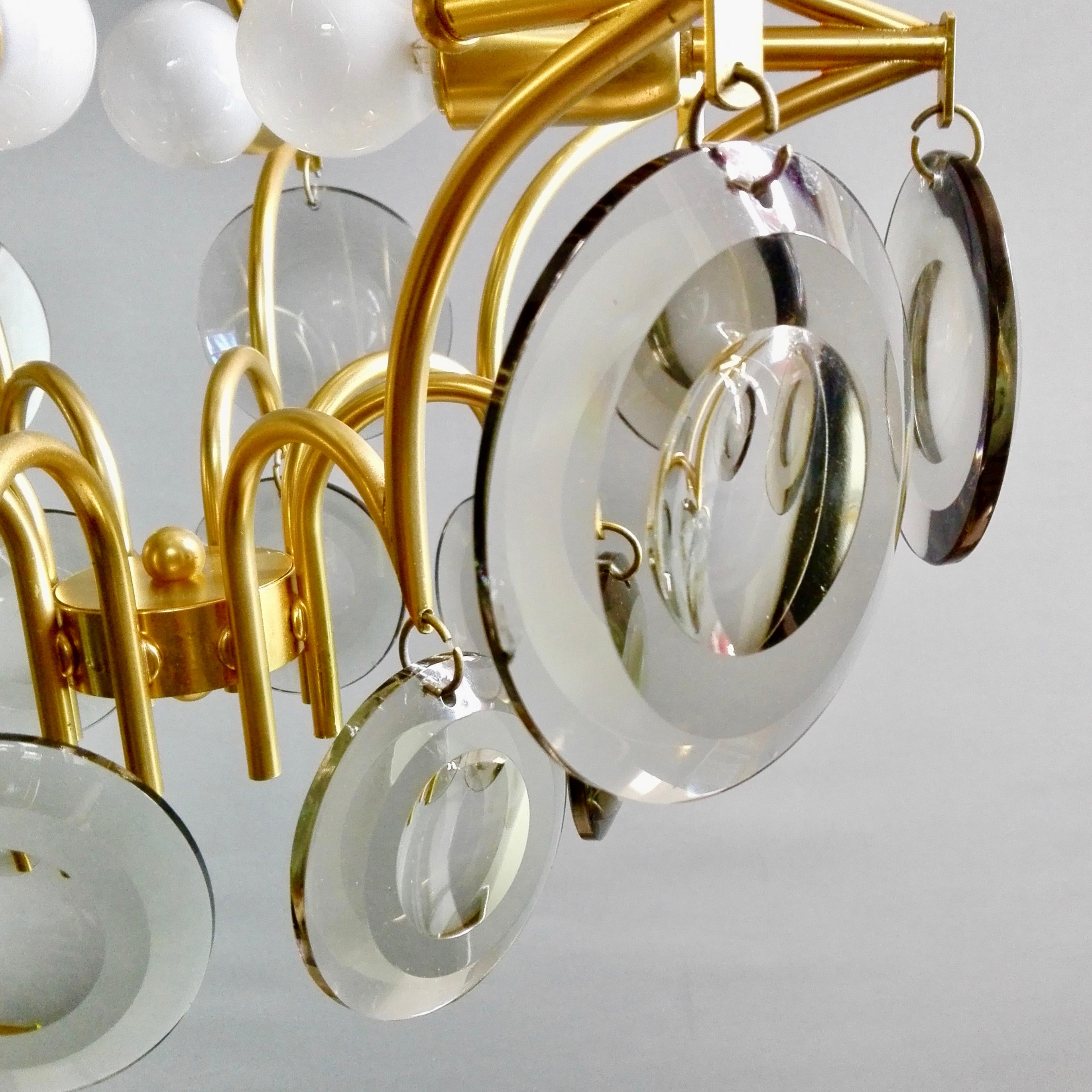 Vistosi Style 1970s Four-Light Gilded Chandelier. Smoked Optical Glass Discs. 4