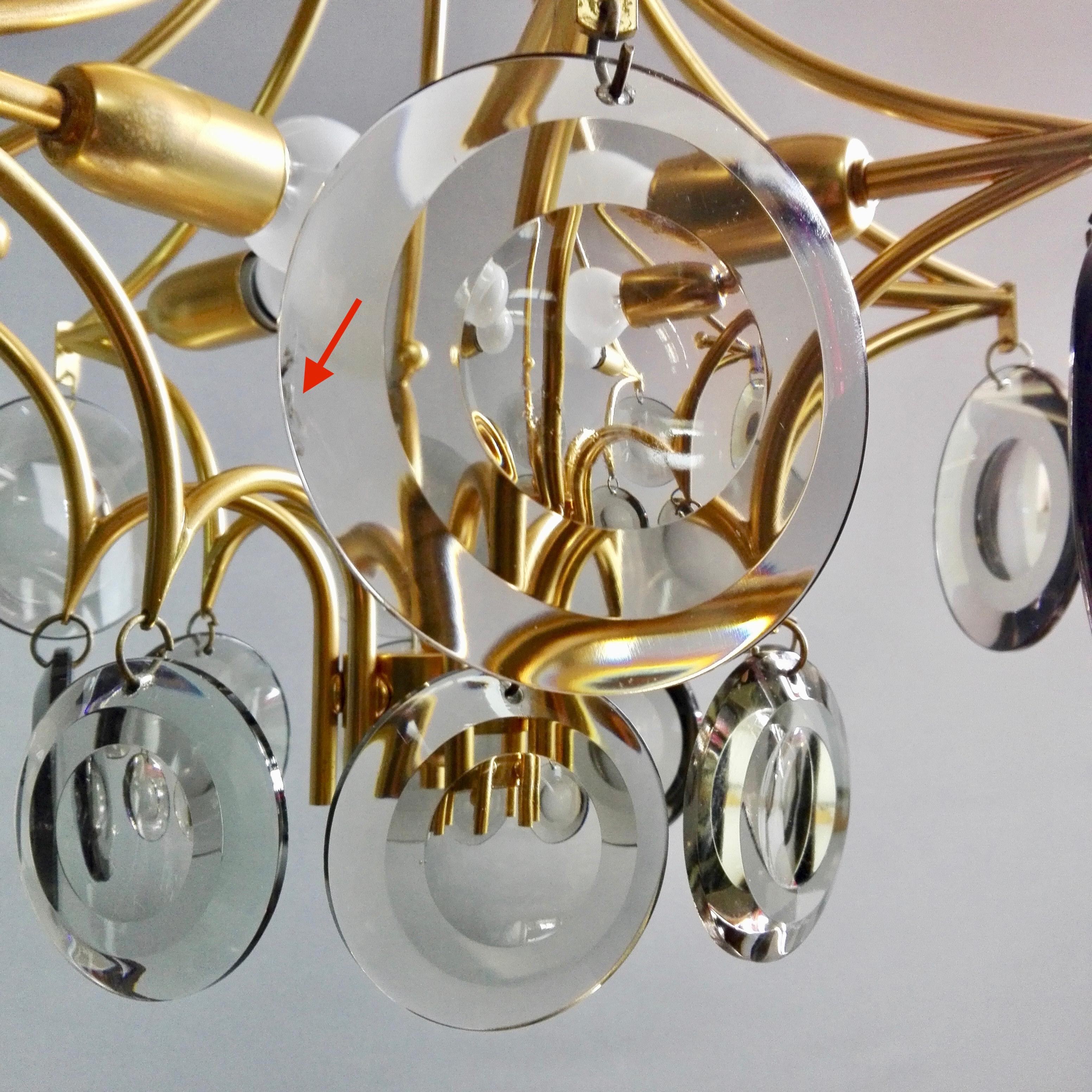 Vistosi Style 1970s Four-Light Gilded Chandelier. Smoked Optical Glass Discs. 5