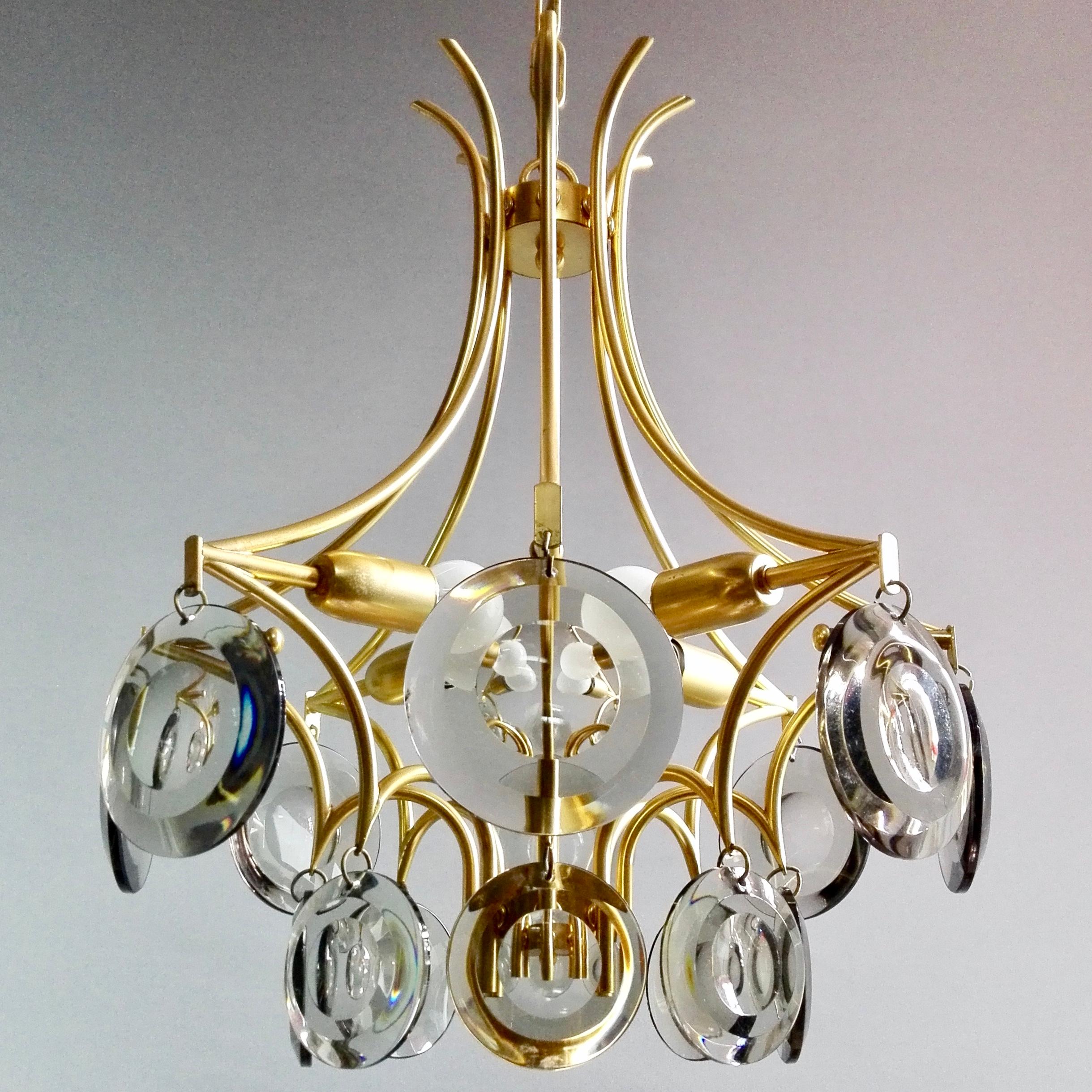 Faceted Vistosi Style 1970s Four-Light Gilded Chandelier. Smoked Optical Glass Discs.