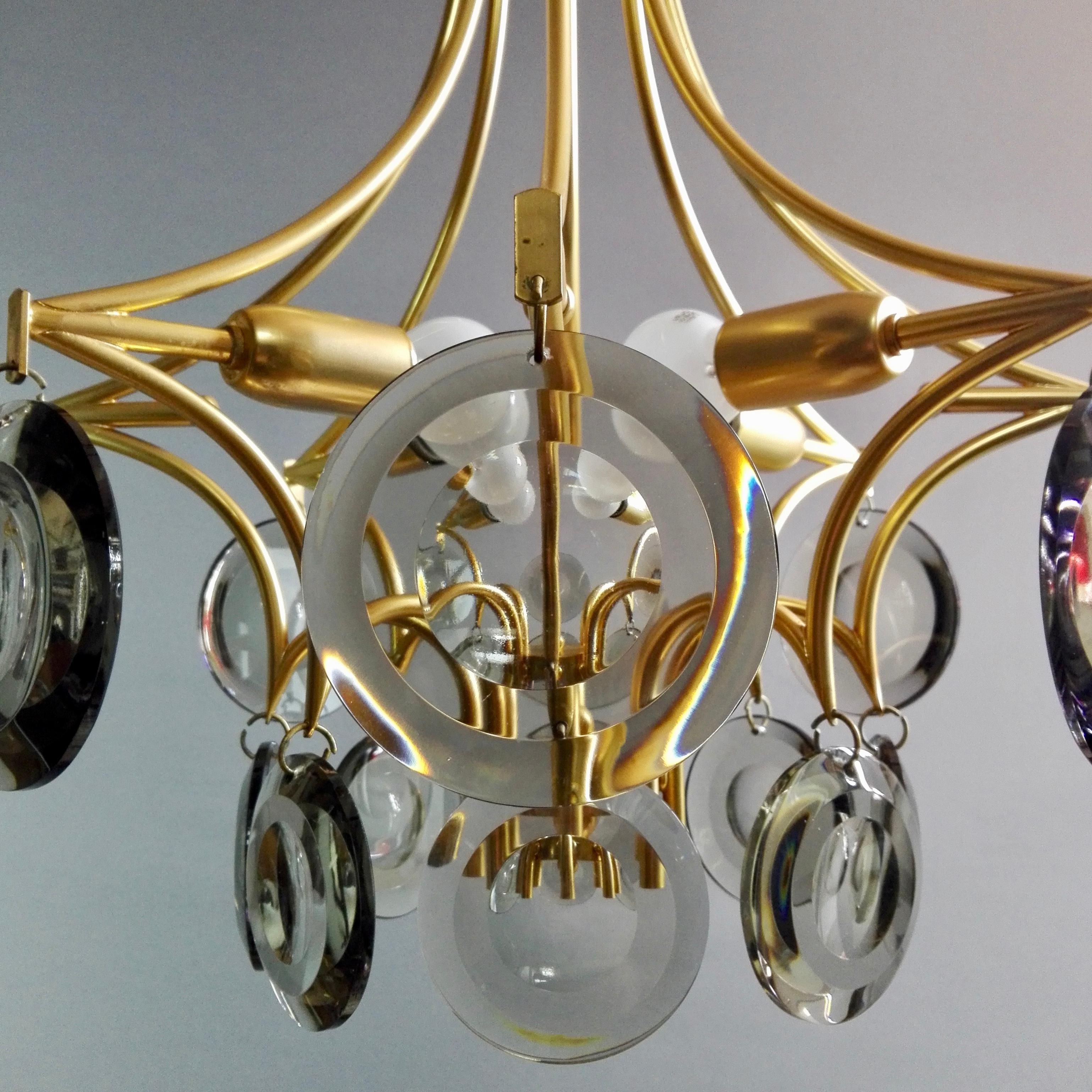Late 20th Century Vistosi Style 1970s Four-Light Gilded Chandelier. Smoked Optical Glass Discs.