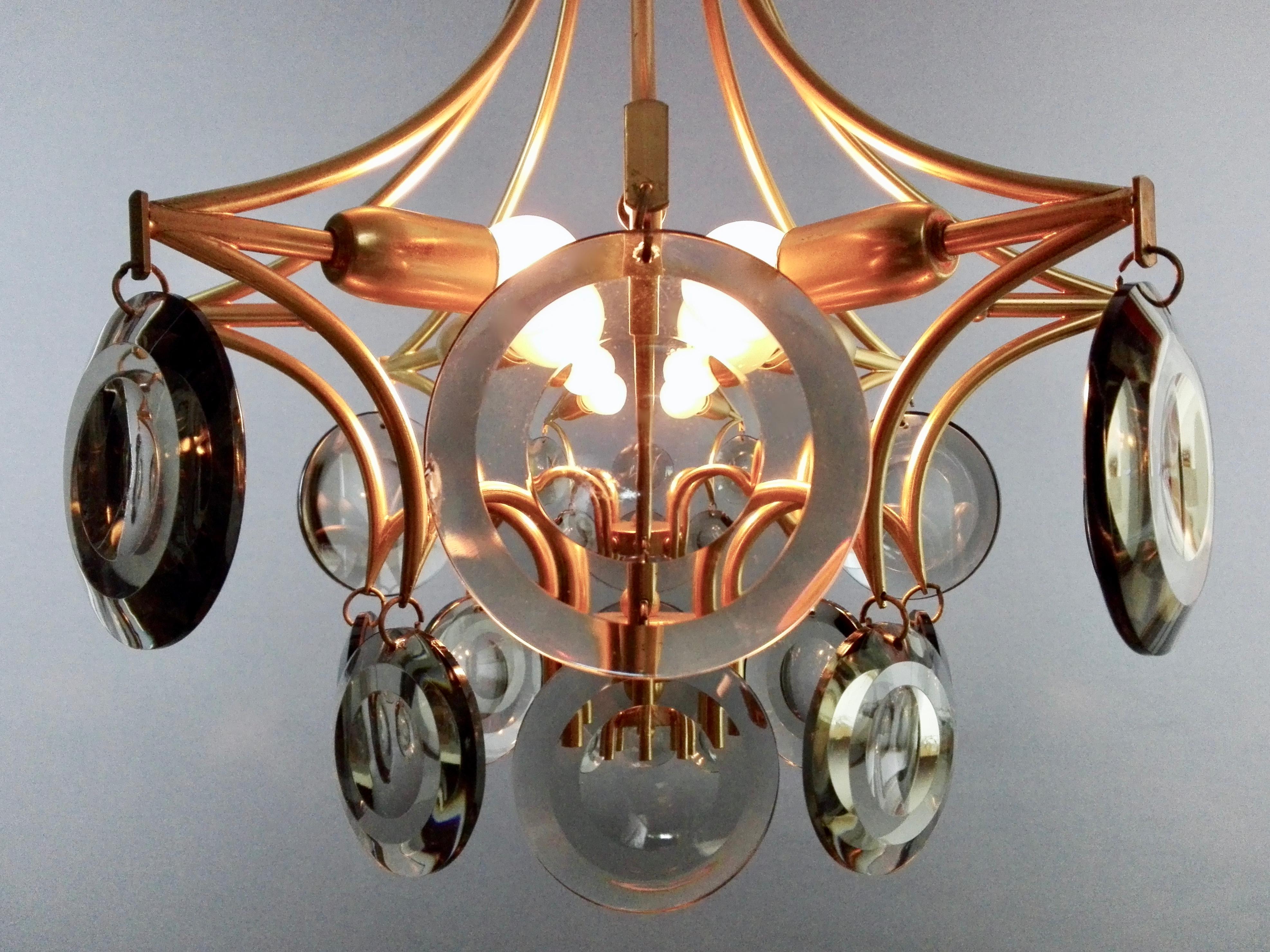 Crystal Vistosi Style 1970s Four-Light Gilded Chandelier. Smoked Optical Glass Discs.