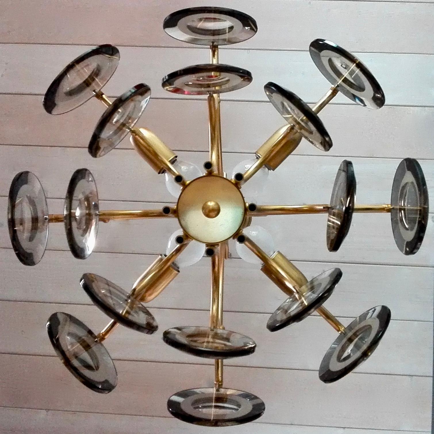 Vistosi Style 1970s Four-Light Gilded Chandelier. Smoked Optical Glass Discs. 1