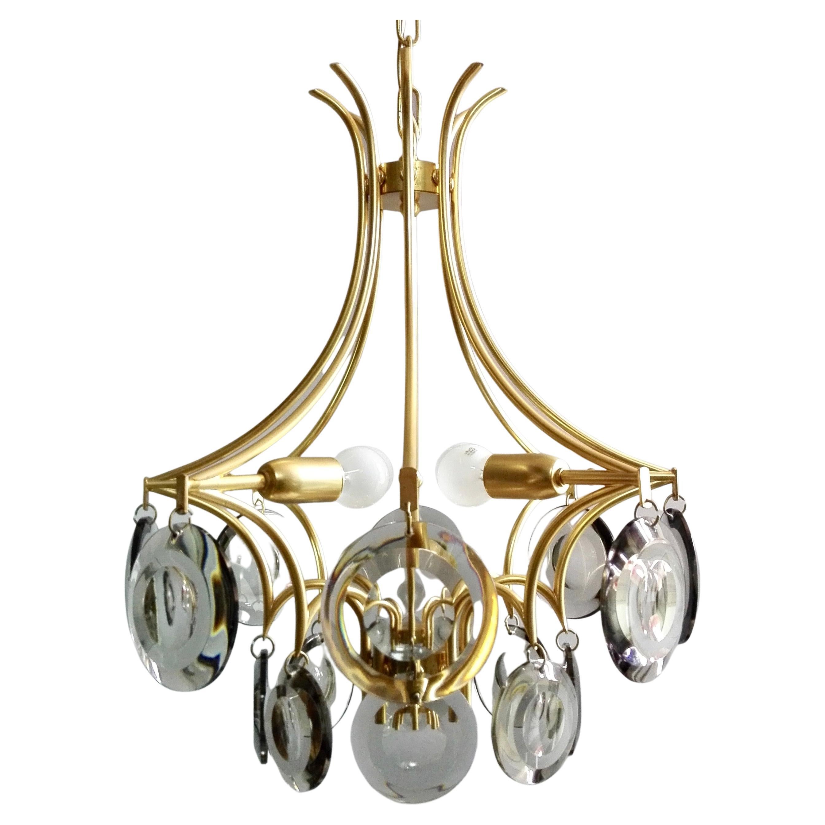 Vistosi Style 1970s Four-Light Gilded Chandelier. Smoked Optical Glass Discs.