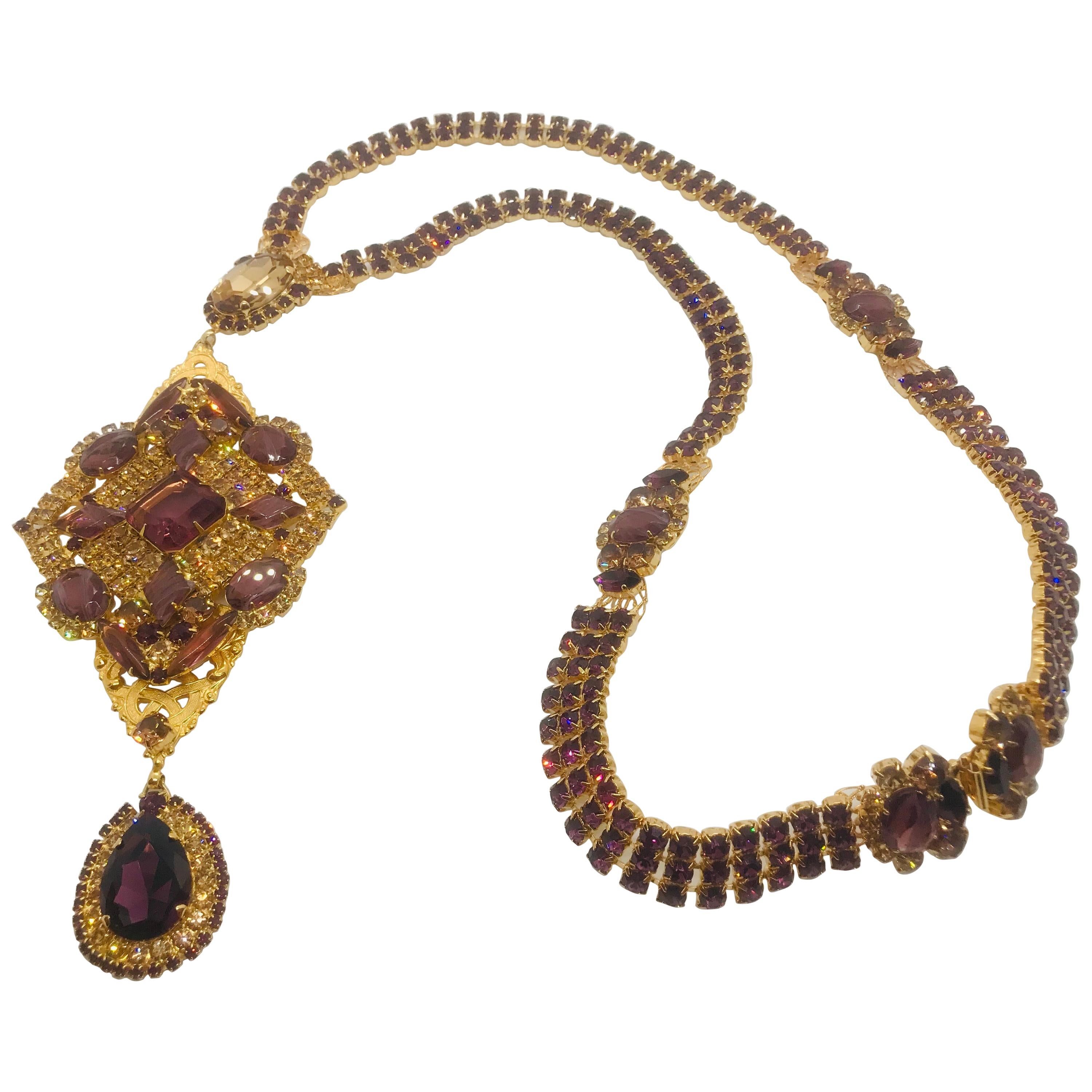 Smoked Topaz and Amethyst Austrian Crystal "Byzantine" Long Sautoire Necklace For Sale