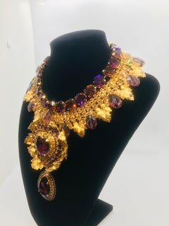 Smoked Topaz and Amethyst Austrian Crystal Leaf Heart Motif Bib Collar Necklace