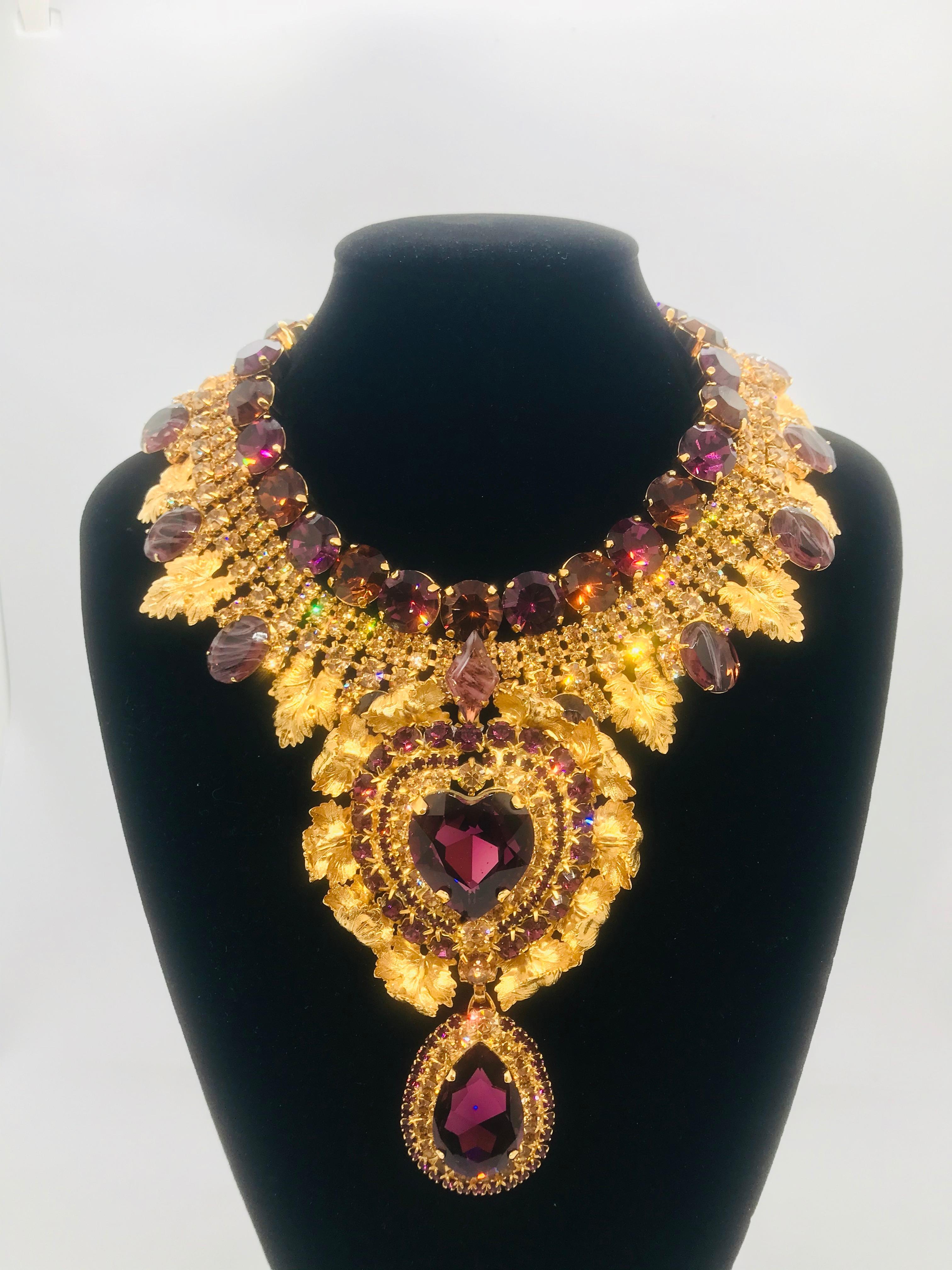 Byzantine Smoked Topaz and Amethyst Austrian Crystal Leaf Heart Motif Bib Collar Necklace For Sale