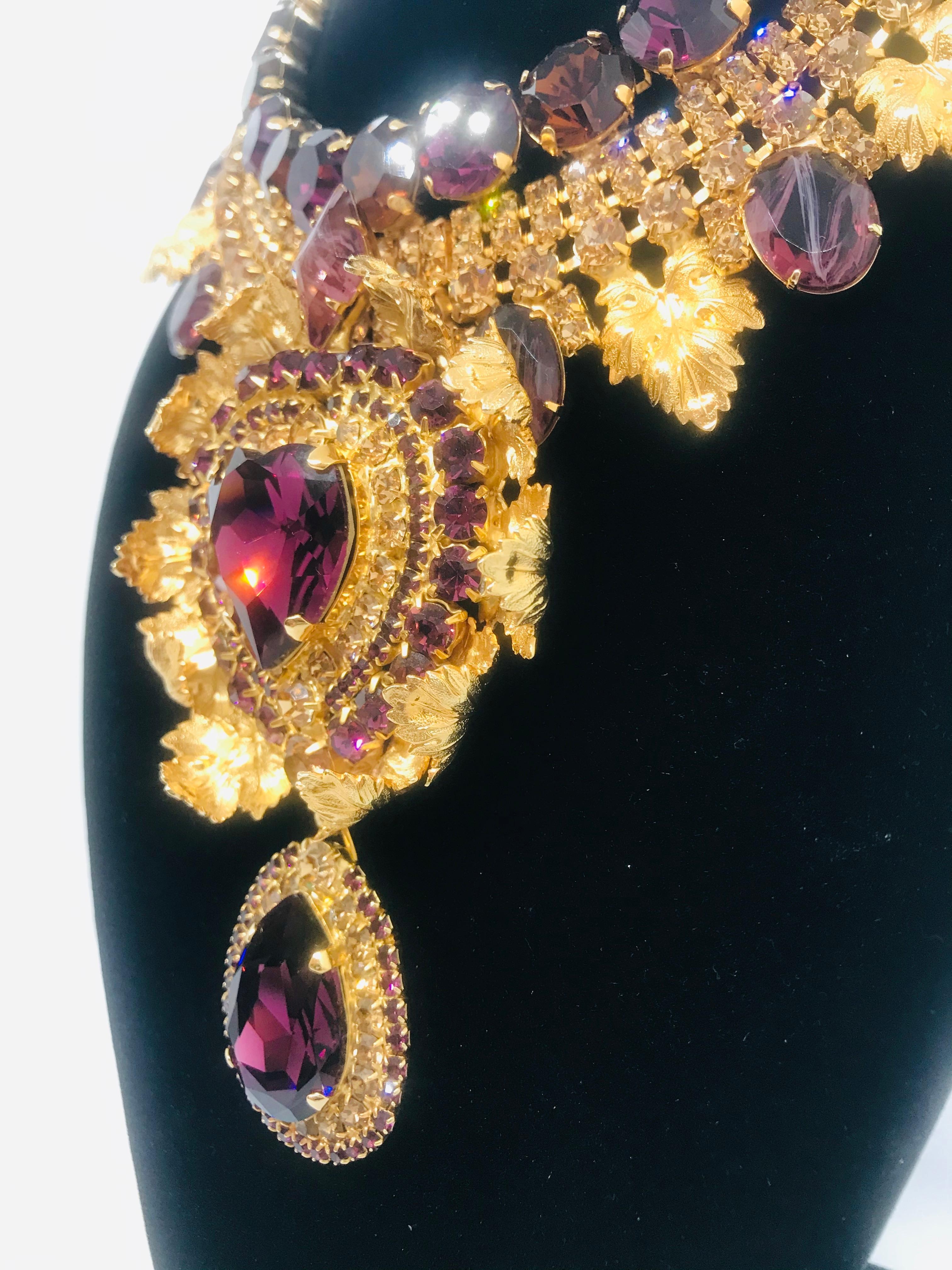 Smoked Topaz and Amethyst Austrian Crystal Leaf Heart Motif Bib Collar Necklace In New Condition For Sale In Toronto, CA