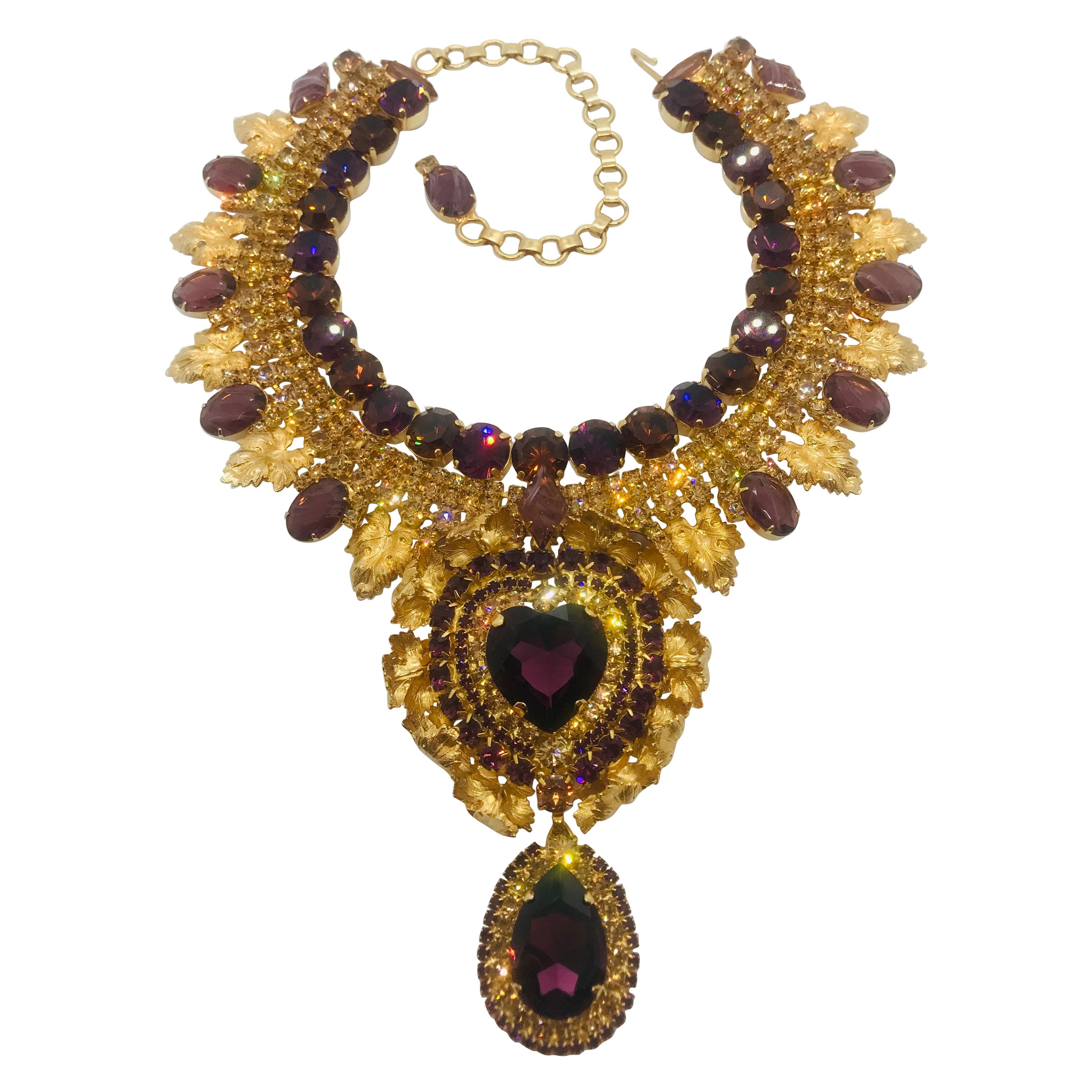 Smoked Topaz and Amethyst Austrian Crystal Leaf Heart Motif Bib Collar Necklace For Sale